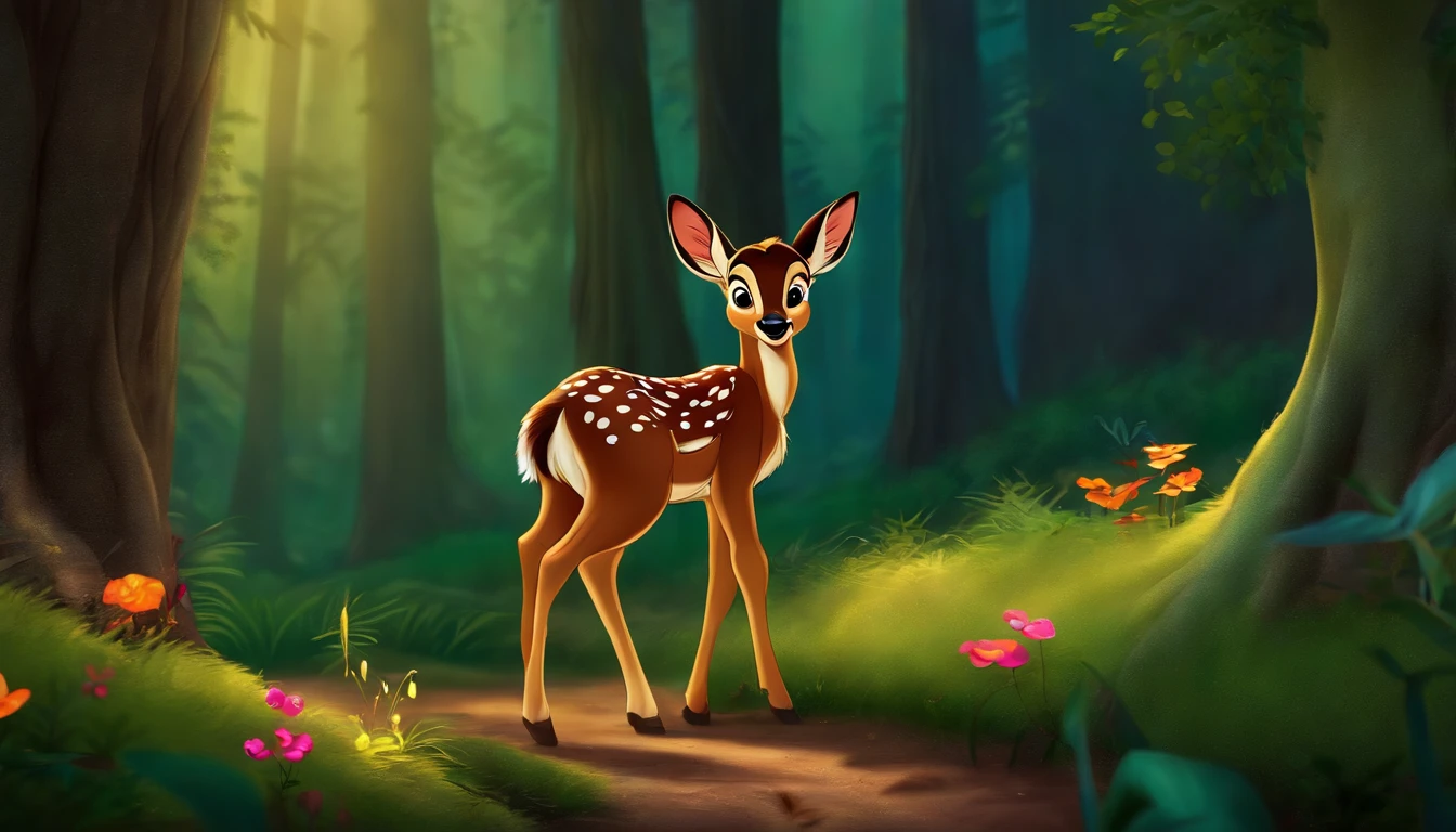 criar uma imagem do personagem "bambi" Dormindo na floresta, DESENHO ANIMADO ANTIGO, Disney
