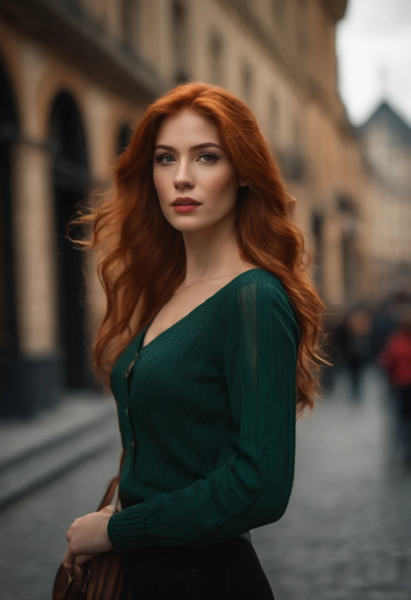 professionnel, (Photo 4K:1.1) par (Jeremy Lipking:0.3), (Dittmann Anna:0.3), (jiner:0.3), (mise au point nette:1.3), High detail, Porter (Chemise moulante:1.2), beautifull detailed face, An attractive woman with long red hair looks at the camera, resembling actress Katherine McNamara, Panasonic Lumix S Pro 50mm F/1.4, Anne Stokes, splash of color, dark orange and dark emerald, Ferrania P30, photo realist, (attractive young woman:1.3), (Seductive:1.1), (rougissant:1.1), Forme du corps du sablier, Gros seins ronds, hanches larges, in the background city, Prendre un selfie, Porter un pull