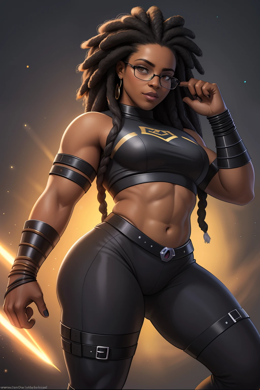 (Teyonah Parris) as Jacqui Briggs from Mortal Kombat, black long ponytail braid, brown eyes, crossed arms, white crop top, blue yoga pants, standing, gym, (insanely detailed, beautiful detailed face, masterpiece, best quality), cinematic lighting, 1woman, solo, full body view, front view, looking at viewer, intricate, high detail, sharp focus, dramatic, photorealistic painting art by greg rutkowski