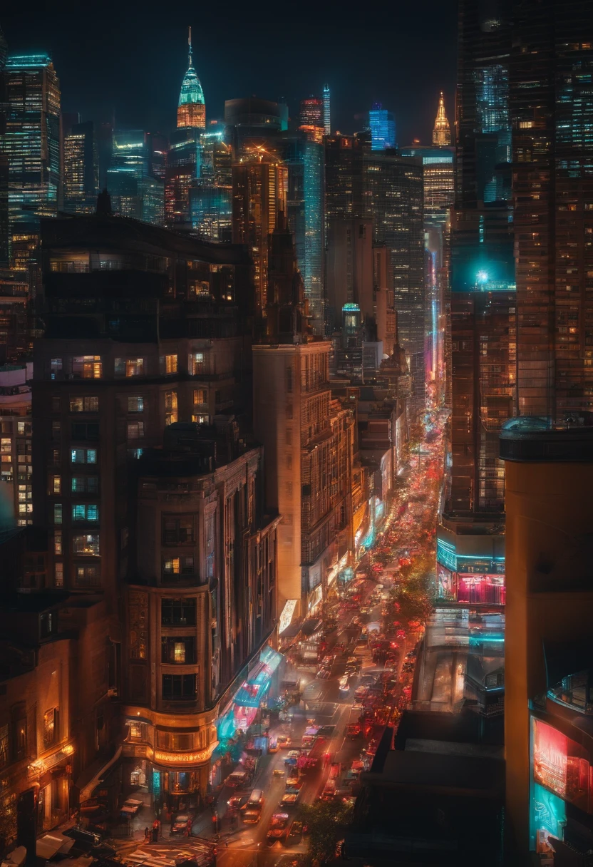 Vibrant cityscape at night: Neon lights, bustling streets, and a sea of skyscrapers.