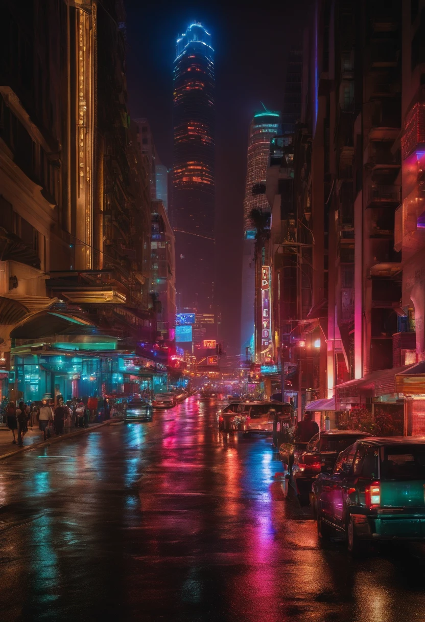 Vibrant cityscape at night: Neon lights, bustling streets, and a sea of skyscrapers.