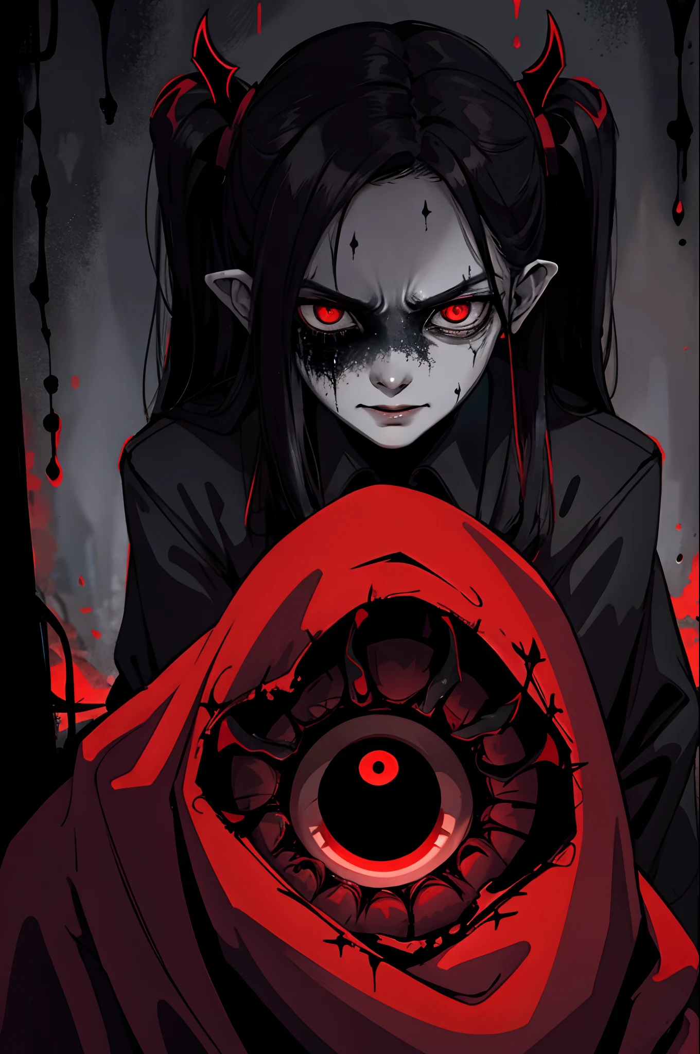 A close up view of sinister and glowing demonic eyes, dark chilling horror film elements, perfect masterpiece, high quality, high resolution