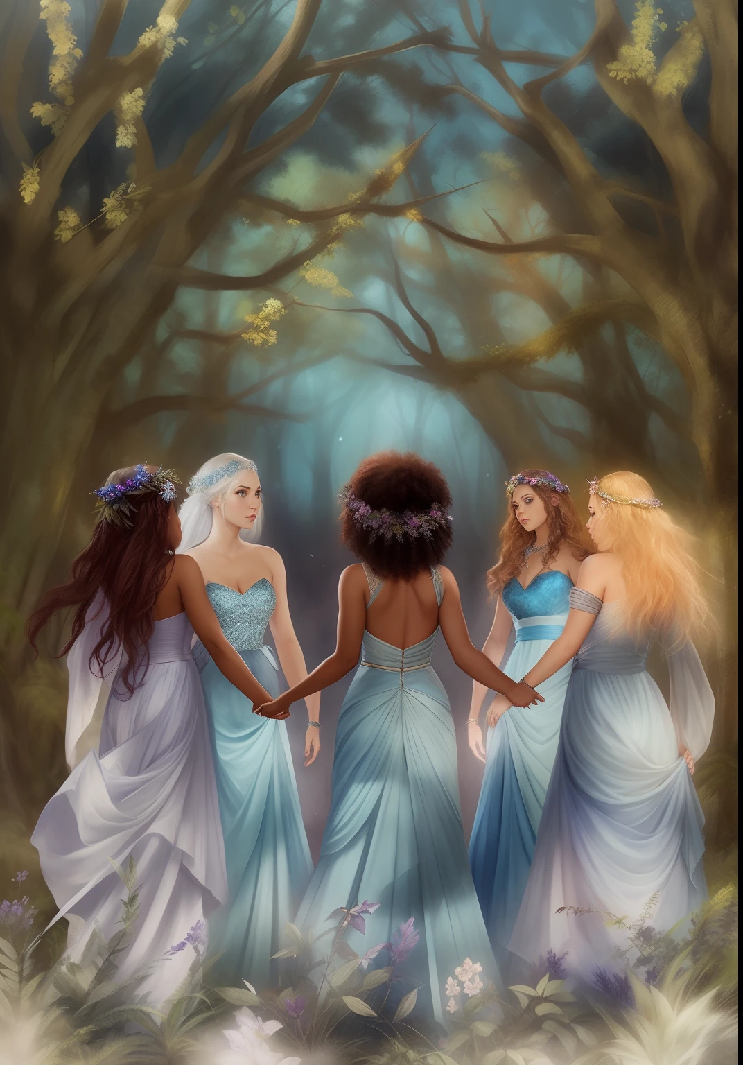 Three women in blue dresses are standing in a forest, arte da deusa, godesses, inspirado em Cynthia Sheppard, fanart oficial, Fae's moonlight dance, Triad of Muses, Mitologia da Deusa da Terra, circle of the crone, por Melissa A. Benson, Directed by: Caroline Chariot-Dayez, ritual da floresta, representando as 4 temporadas, Retrato da Deusa, Directed by: Cynthia Sheppard