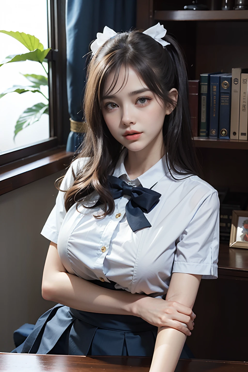 Ultra-realistic 8K CG，s the perfect face，flawless perfection，Ren，tmasterpiece，professionalartwork，famousartwork，s the perfect face，beauitful face，beautidful eyes，((((bunches)))),（（Perfect female body）），独奏，（immersiveatmosphere，lightand shade contrast：1.5，Bright light:1.2,lumnious),,(Blushlush:0.5),Enchanting expression,Ultimate detail_The eye,thick thight,huge tit,Exquisite background,depth of fields,photorealestic:1.3,Faraway view,1girll,The shirt,pleatedskirt,school uniform，Sit Pose，full bodyesbian，（ambient lights：1.3），（cinematic compositions：1.3），（neonlight：0.1），（hdr：0.1），emphasis lighting，White panty hose，