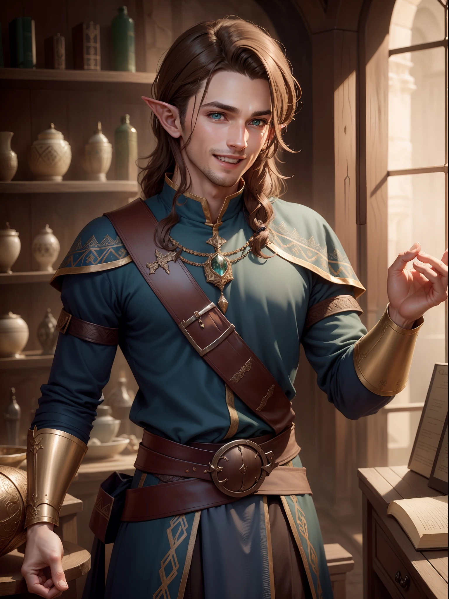 man,young,elf,30 years old,laughing evilly ,finely detailed eyes,green iris color,skin light tone,brown hair, intricate details, portrait, looking at viewer, solo, (full body:0.6), detailed background, detailed face, dynamic pose,Merchant Luxury Blue clothes, high fantasy medieval setting,medieval store background