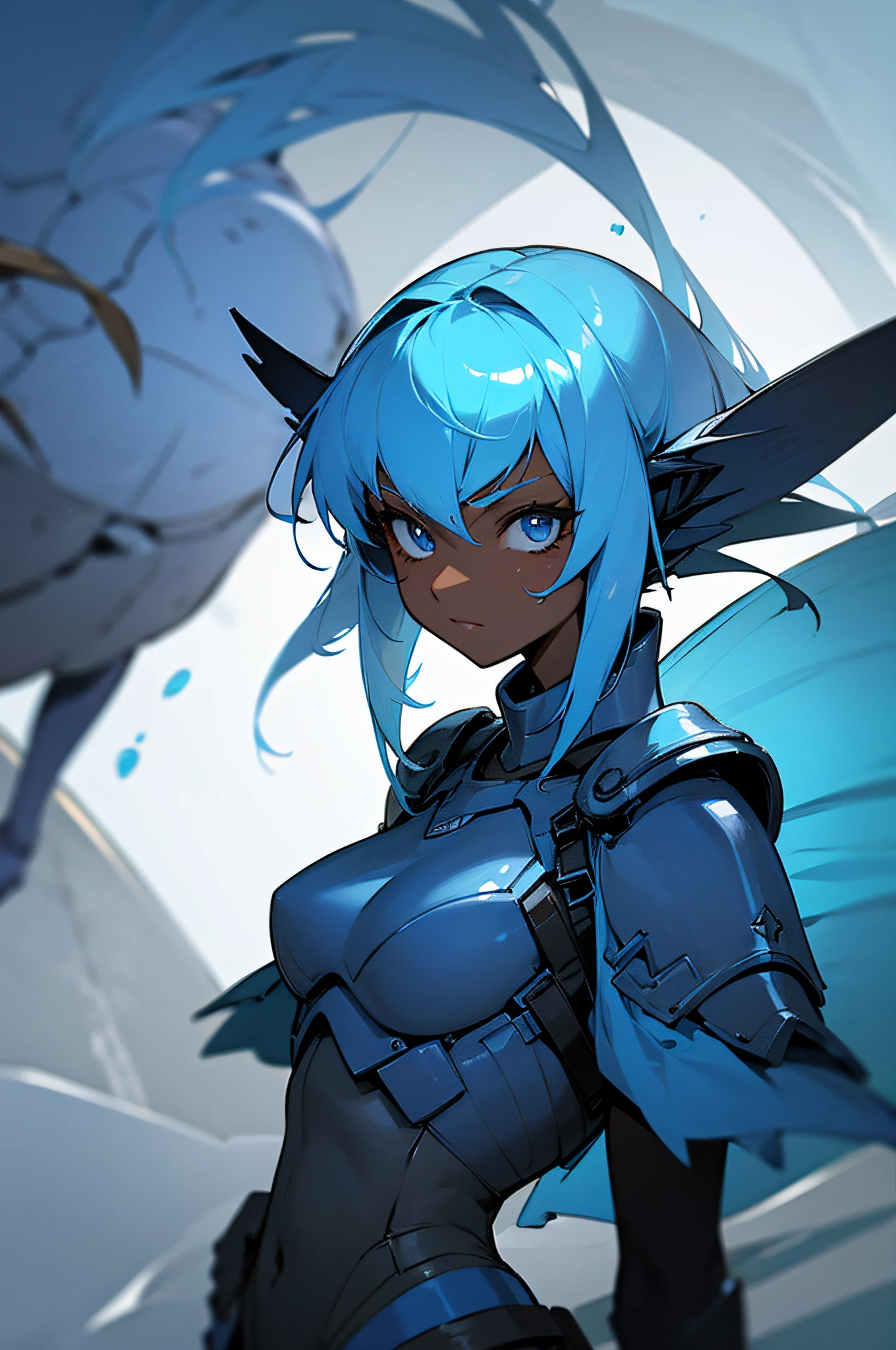 dark skinned alien girl that is a water warrior with armor with blue hair