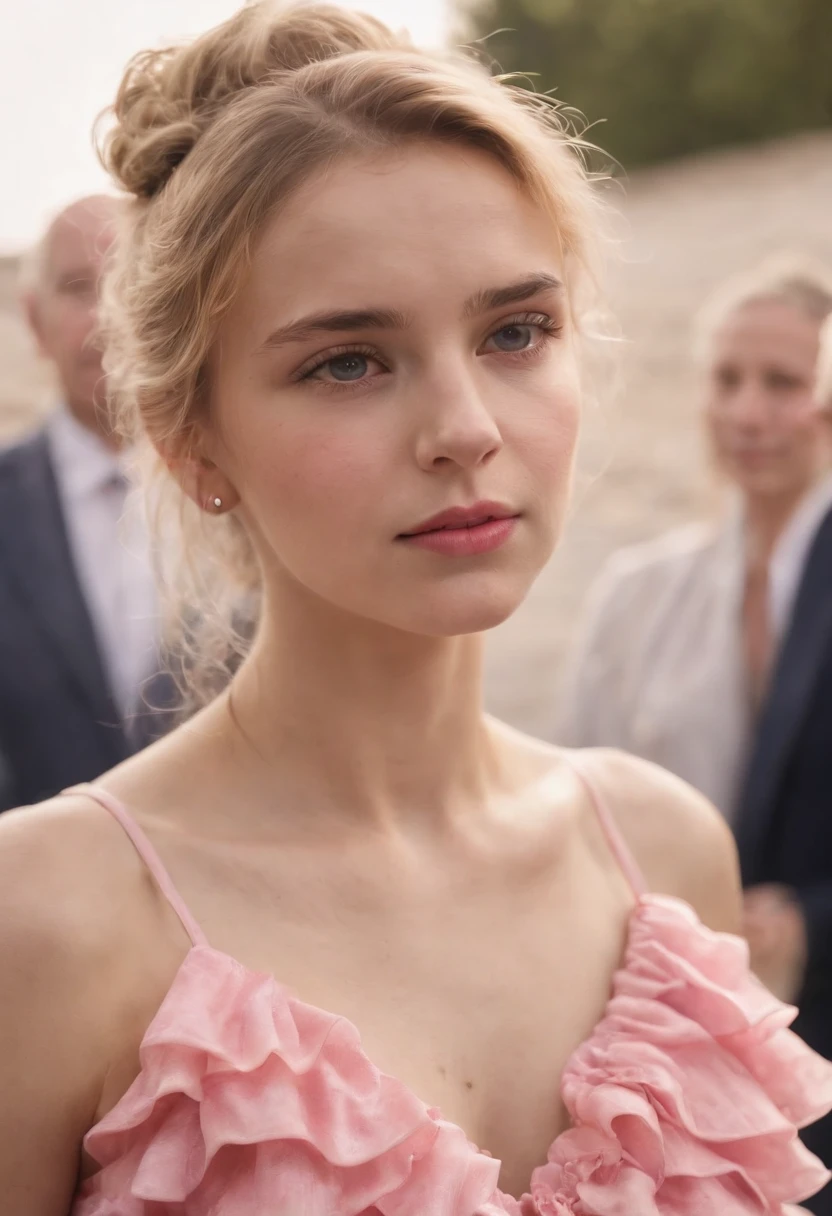 A 16-year-old blonde girl on Independence Day in Spain with a V-neck tie with a pink ruffled ruffled dress who watches planes with exitations with the Spanish royal family