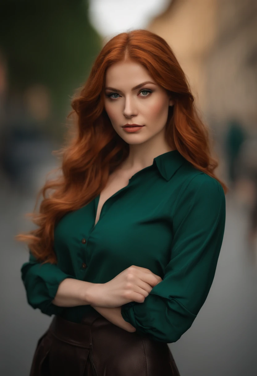 professionnel, (Photo 4K:1.1) par (Jeremy Lipking:0.3), (Dittmann Anna:0.3), (jiner:0.3), (mise au point nette:1.3), High detail, Porter (Chemise moulante:1.2), beautifull detailed face, An attractive woman with long red hair looks at the camera, resembling actress Katherine McNamara, Panasonic Lumix S Pro 50mm F/1.4, Anne Stokes, splash of color, dark orange and dark emerald, Ferrania P30, photo realist, (attractive young woman:1.3), (Seductive:1.1), (rougissant:1.1), Forme du corps du sablier, Gros seins ronds, hanches larges, in the background city