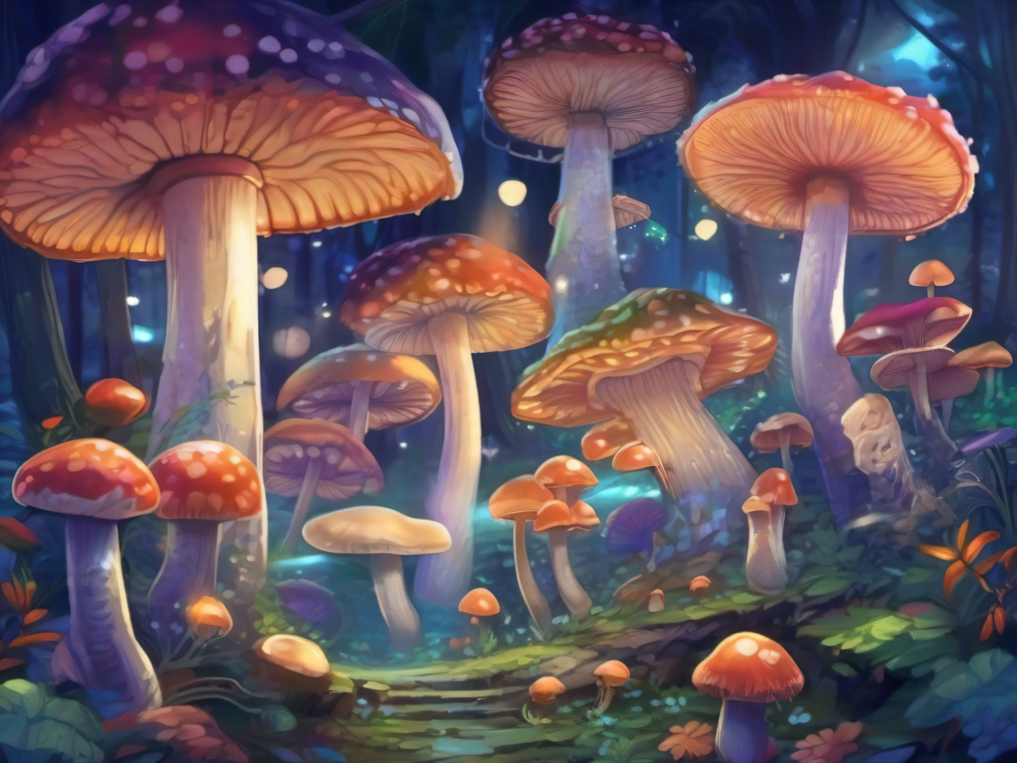 In the dark forest,An atmosphere of mystery is shrouded。This is the kingdom of mushrooms,The most striking of these is the blue-purple psychedelic mushroom。They grow on mossy ground,Like a messenger from another world。The creek runs through the forest,In the moonlight,There is local glare。The bright moon in the starry sky reflects the figure of mushrooms,too many beautiful things。The mushroom grove is full of wonders of natural figures,As if every mushroom is a tree of life,Exudes magical power。It is a forest made of mushrooms,Mushroom forest,Mushrooms are everywhere。Under water,Colorful mushroom forest stretching,Mushroom trees soar through the clouds,Exudes a dazzling light。These magical mushrooms are like characters in illustrations,It adds infinite charm to this world。8K high-quality detailed artwork,Every detail is a masterpiece,It's like you're in this fantasy mushroom world。