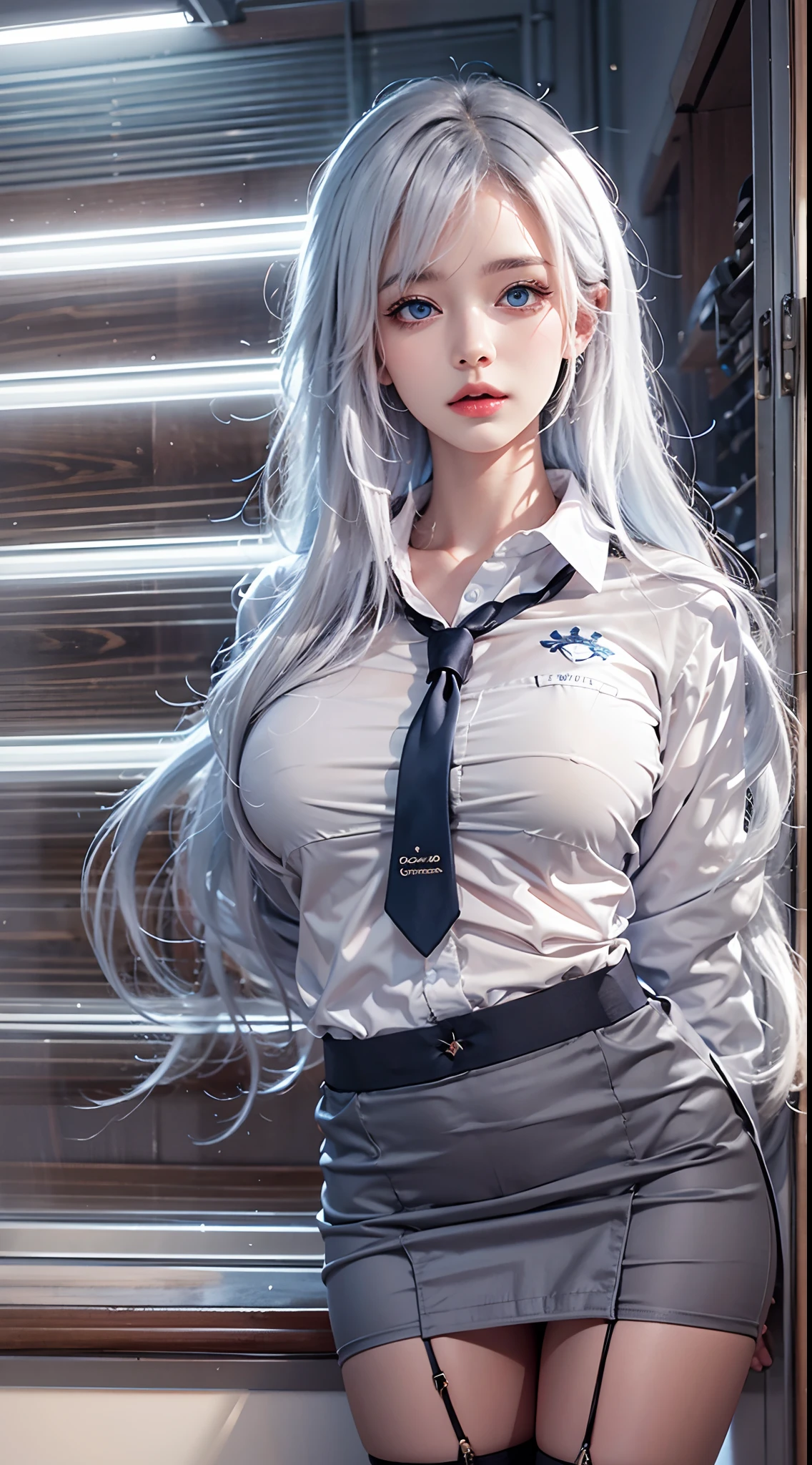 photorealistic, high resolution, soft lights, 1women, solo, hips up, blue eyes, white hair, long hair, school uniform, shirt, skirt, thigh highs