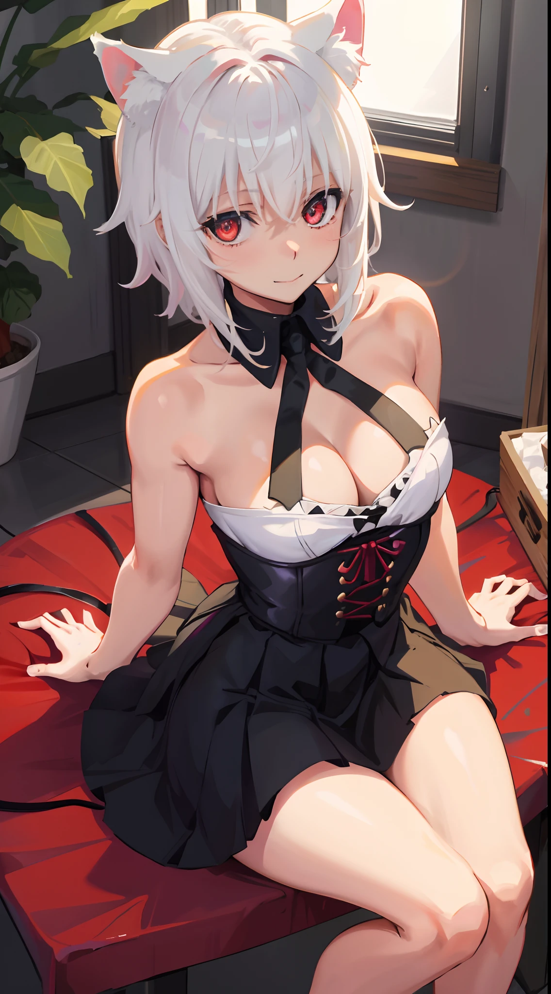 Best Quality, (Masterpiece:1.2), High Detailed, Standing, School, Indoor, Cat Ears, 1girl, solo, tojo koneko, looking at the viewer, closed mouth, light smile, red eyes, white hair, short hair, hair decoration, cleavage, black neckband, erotica, sleeveless, (whole body, close-up), bare legs, (heels), healthy skin, ((seated))