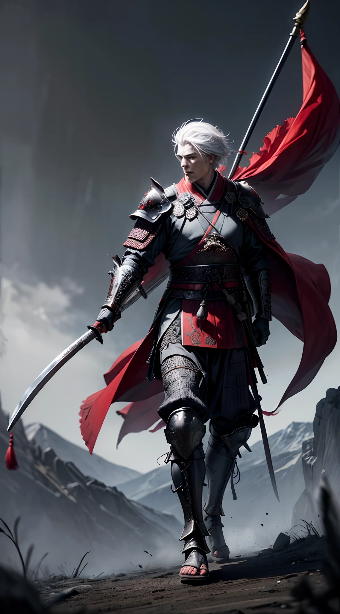 (Man warrior), (legendary assassin), (devils eyes), (best quality,photo-realistic), full body shot, look at viewer, white hair, black and red, Japanese traditional art style, ink painting style, dark and mysterious atmosphere, moonlight, dramatic lighting, traditional Japanese tattoo, samurai armor, lone warrior, dramatic moon background ,depth and focus on the main character,