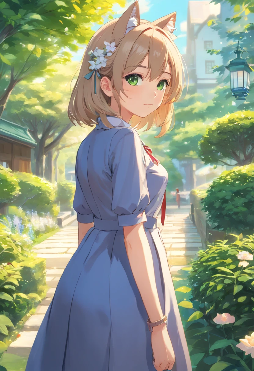 (Best Quality,4K,hight resolution,masutepiece:1.2),Ultra-detailed,Realistic,Portrait,Garden girl,Beautiful detailed eyes,Beautiful detailed lips,extremely detailed eye and face,longeyelashes,Anime style,megane,Silver hair,Cat ears,New employee wearing a suit,Dress with arm ruffles removed,Small Curve Lolita,Cute anime girl visuals,soft anime illustration,Detailed Digital Anime Art,Gwaitz style artwork,Gwaits on Pixiv Art Station,Gwaits on Artstation Pixiv,Gwaitz,nature scenery,Green garden background,Warm sunlight through the leaves,Soft shadows,Vivid colors