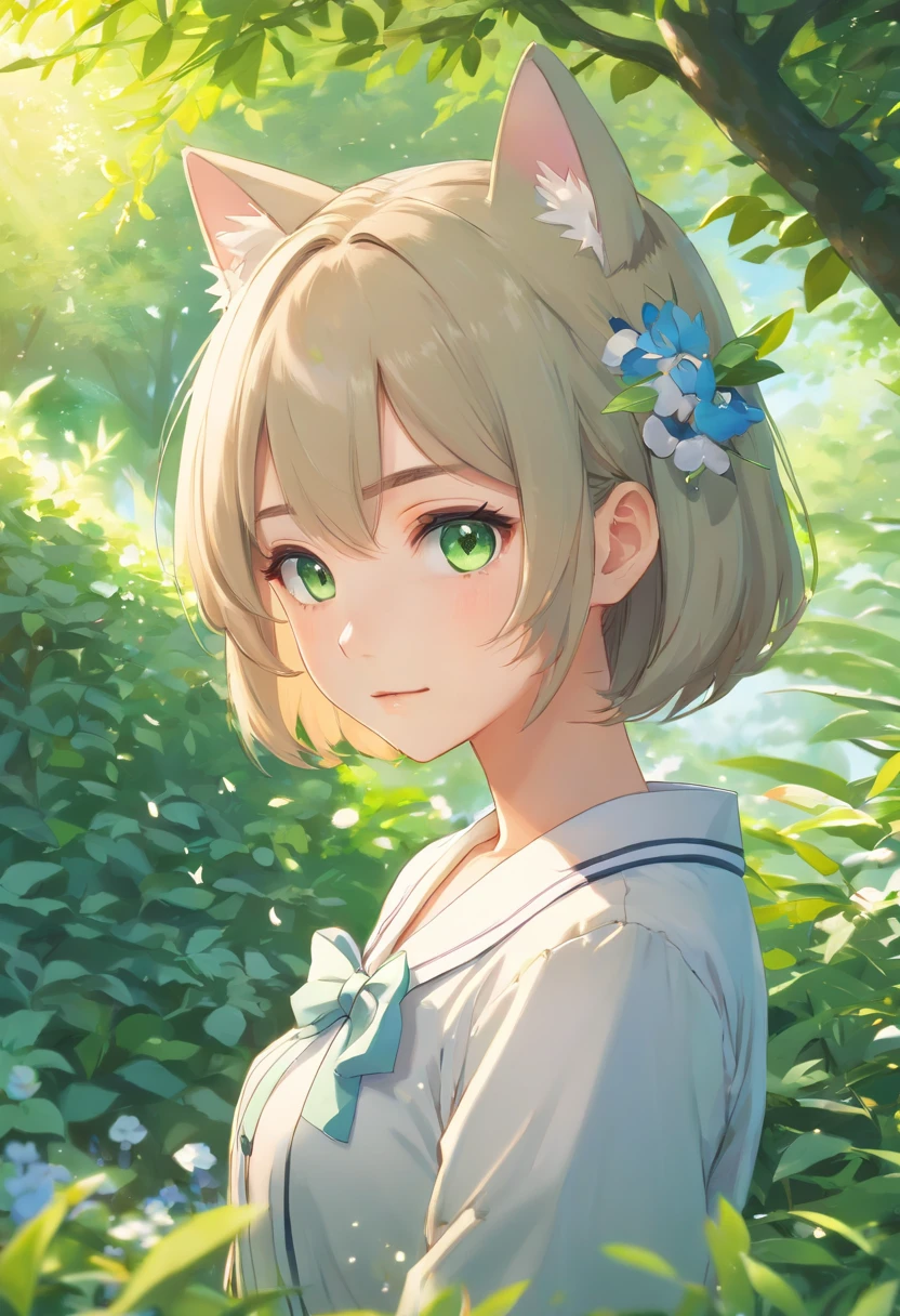 (Best Quality,4K,hight resolution,masutepiece:1.2),Ultra-detailed,Realistic,Portrait,Garden girl,Beautiful detailed eyes,Beautiful detailed lips,extremely detailed eye and face,longeyelashes,Anime style,megane,Silver hair,Cat ears,New employee wearing a suit,Dress with arm ruffles removed,Small Curve ta,Cute anime girl visuals,soft anime illustration,Detailed Digital Anime Art,Gwaitz style artwork,Gwaits on Pixiv Art Station,Gwaits on Artstation Pixiv,Gwaitz,nature scenery,Green garden background,Warm sunlight through the leaves,Soft shadows,Vivid colors