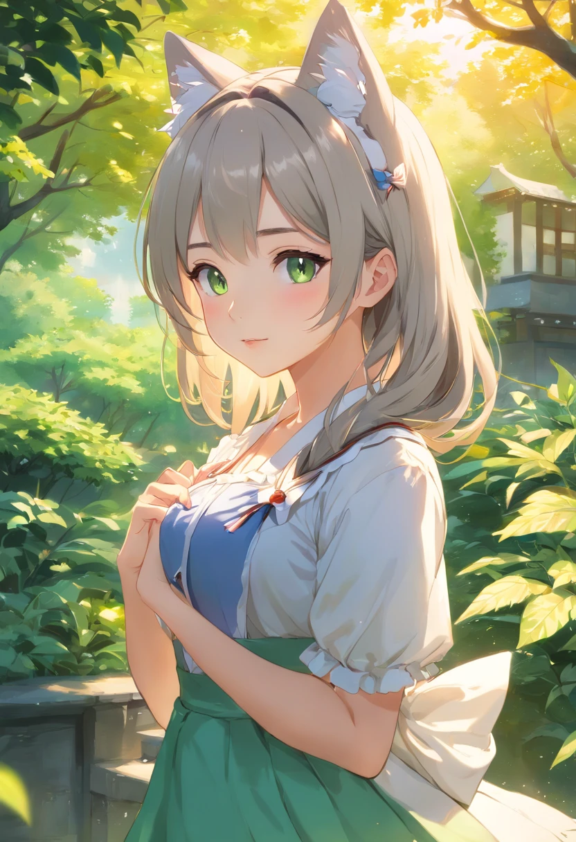 (Best Quality,4K,hight resolution,masutepiece:1.2),Ultra-detailed,Realistic,Portrait,Garden girl,Beautiful detailed eyes,Beautiful detailed lips,extremely detailed eye and face,longeyelashes,Anime style,megane,Silver hair,Cat ears,New employee wearing a suit,Dress with arm ruffles removed,Small Curve ta,Cute anime girl visuals,soft anime illustration,Detailed Digital Anime Art,Gwaitz style artwork,Gwaits on Pixiv Art Station,Gwaits on Artstation Pixiv,Gwaitz,nature scenery,Green garden background,Warm sunlight through the leaves,Soft shadows,Vivid colors