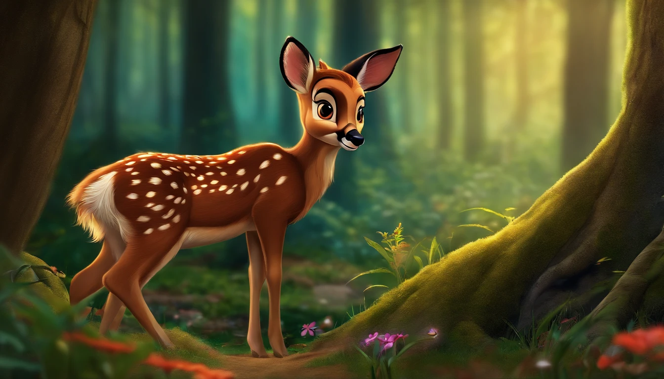 crie uma imagem do personagem "Bambi" deitado e dormindo na floresta, desenho animado antigo, disney