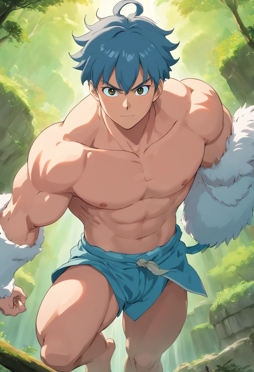 Poderoso vinking personagem de anime, masculino, peito descoberto, beserk, cabelo moecano da cor preta, muscular physique , Anime depiction, 4k resolution. campo de batalha de fundo: segurando um grande machado ,UHD 32k, melhor qualidade, master part, Super Detalhe, Detalhes altos.