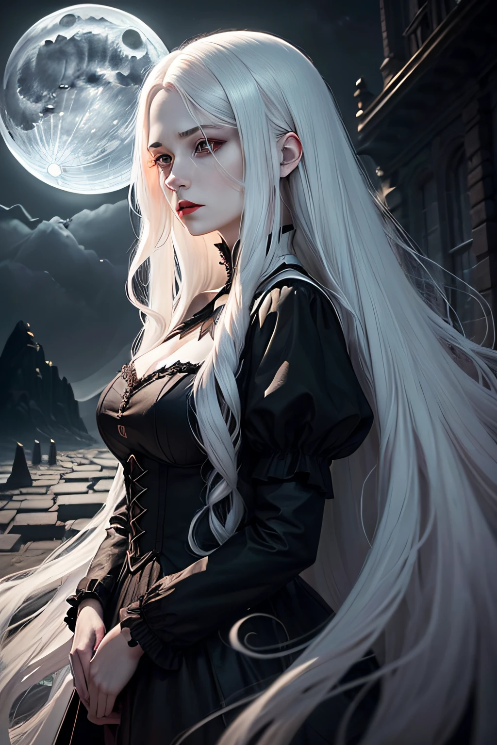 Female with long white hair,Extreme pale skin,Dark raven black dress,Very beautiful person, (Moonlight:1.3),(gothic environment:1.2),(haunting background:1.1),Red lips,Mature,Tall,Thick body,with facial expression of deep sadness and enhanced tears.