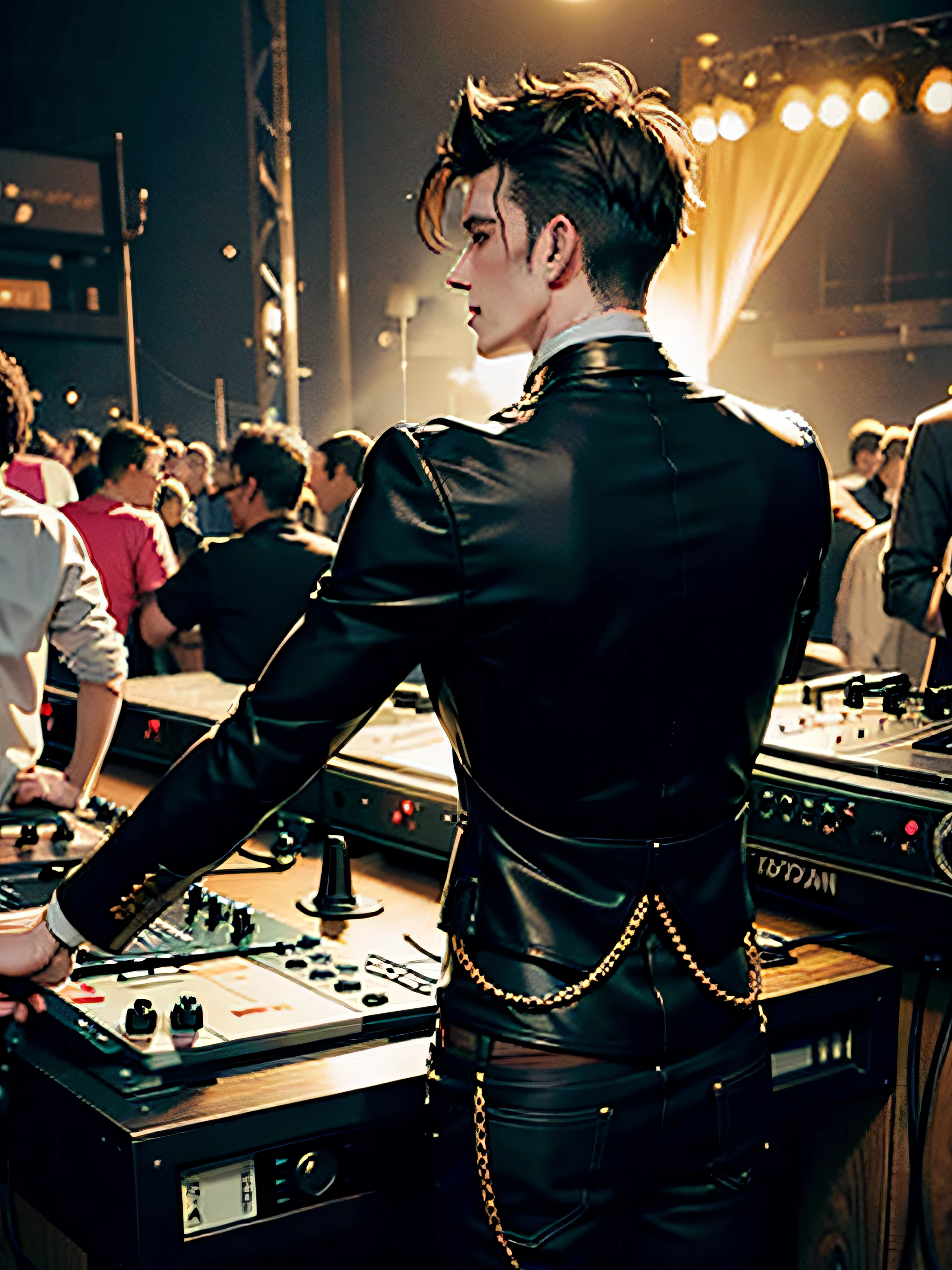Steampunk DJ playing male playing at a music festival from behind
