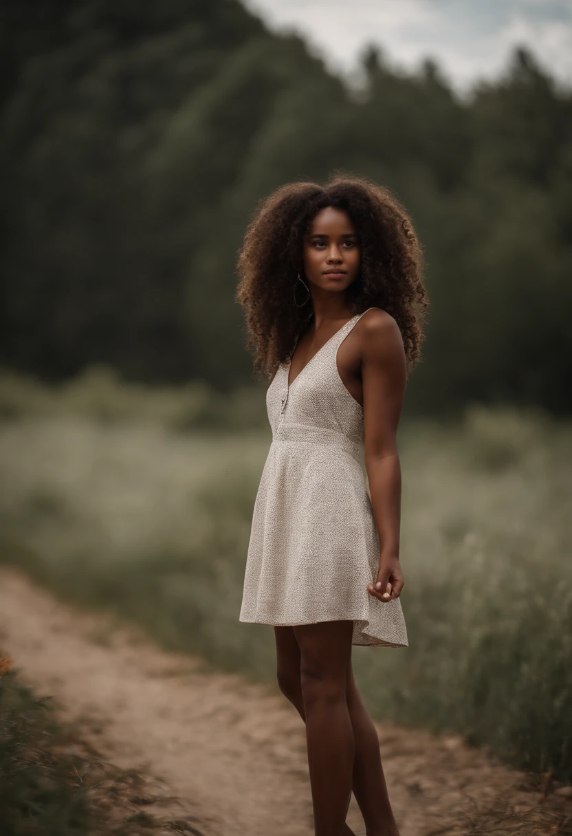 Jeune fille belle, black complexion with brown hair small nose curly hair dimples beautiful silouhette and well stylish. Taille avec des hanche porte une robe moulante blanche et des talons toir