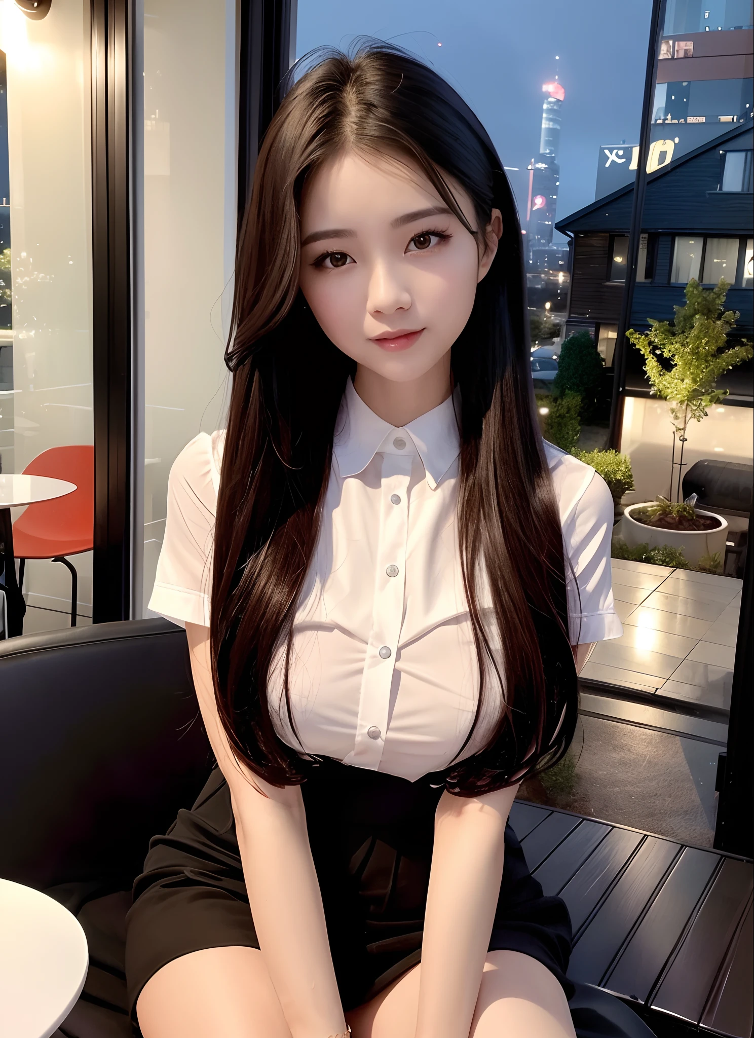 ((Li Yitong)), 8K, best quality, masterpiece, 1.2 times weighted), 1 cute, independent, beautiful girl, super detail, sky and cafe detail, night date, sitting (red nose), big breasts , sweet smile (smile 1.15), deep color contact lenses, (1.1 times weighted collar shirt), short black dress, black silk stockings, professional dress, long flowing hair, NovaFrog style, half naked, cat, rain.