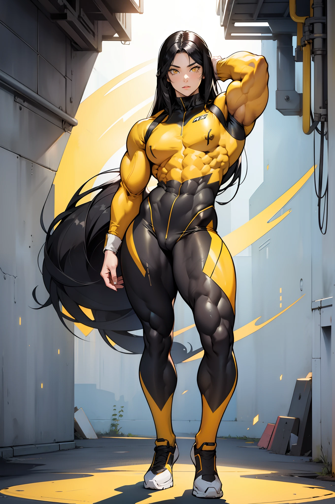 (((((1 girl))))), black hair, yellow eyes, very long hair, ((((((muscular)))))), tall, pale skin, bodysuit (solo), curvy, wide hips, thick thighs, (full body), arms over head