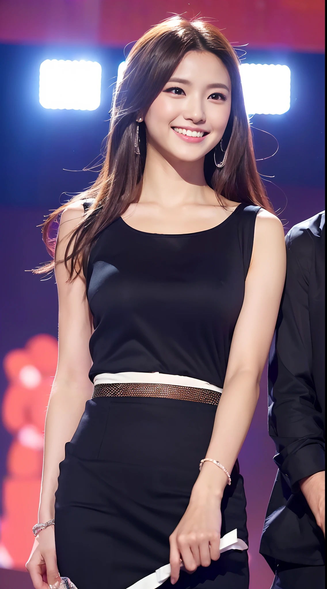 ((((What to wear for a date with your boyfriend))))、Perfect body line、(((((japanes))))、Beautuful Women、On stage、A smile、face perfect、profetional lighting、4K, 8K, Stand up straight、((((Upper body photo))))、Blur the background、 ((((girl with1a person))))、