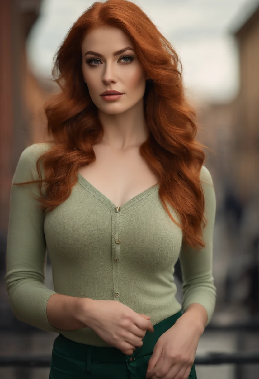 professional, (4k photo:1.1) by (Jeremy Lipking:0.3), (Dittmann Anna:0.3), (Arian Mark:0.3), (Sharp focus:1.3), high detail, wearing (tight shirt:1.2), beautiful detailed face, an attractive woman with long red hair looks into the camera, looking like actress Katherine McNamara, panasonic lumix s pro 50mm f/1.4, anne stokes, color splash, dark orange and dark emerald, ferrania p30, photo realistic, (attractive young woman:1.3), (seductive:1.1), (blushing:1.1), hourglass body shape, big round breasts, wide hips, in background city, taking selfie, wearing jumper