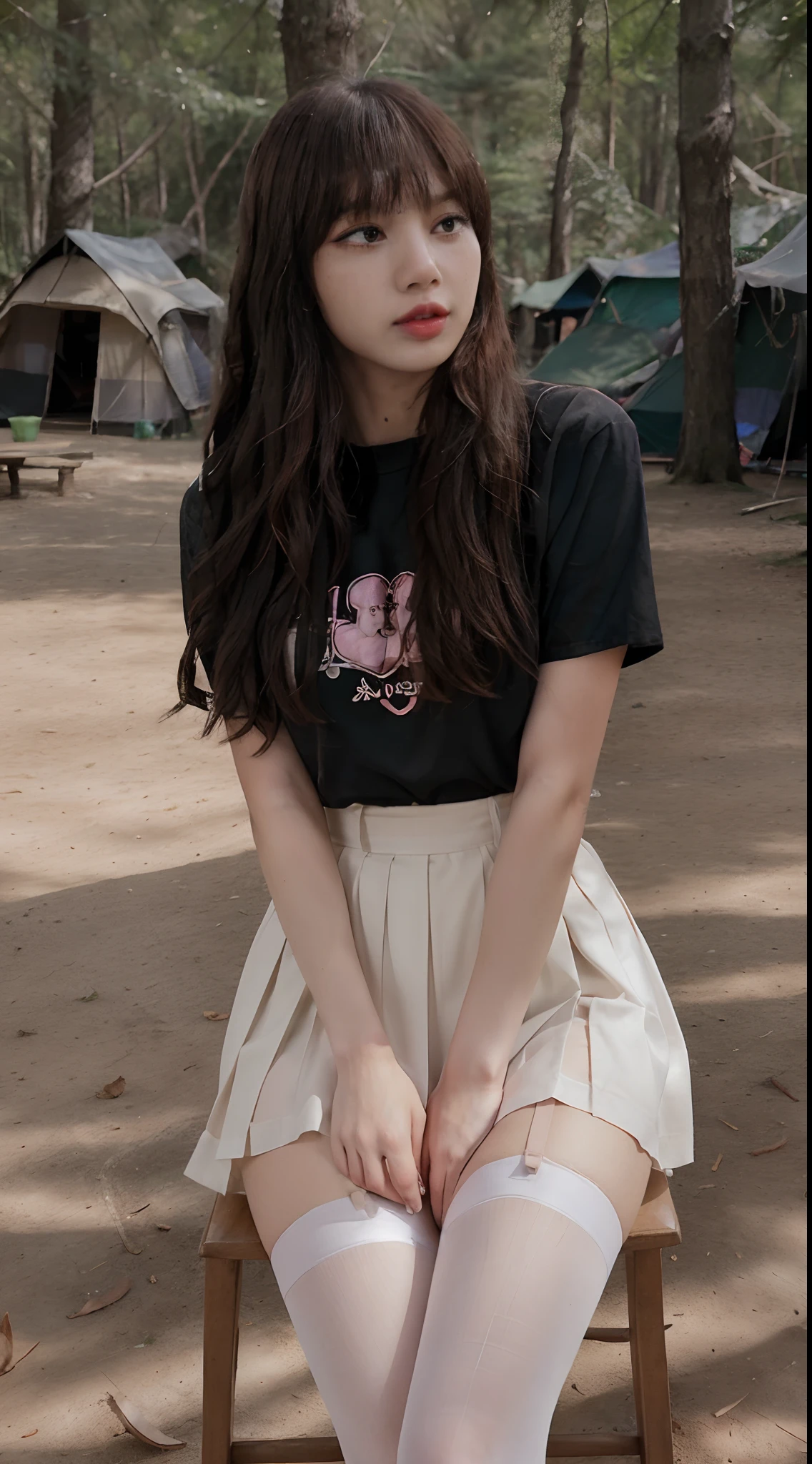 ((Lisa from Blackpink)), t-shirt, tiny pleated skirt, black stockings up to the waist, high heels, close-up from thighs to face, sitting with legs apart, exposed vagina, very light skin, very long hair, wavy hair, camp, forest, photorealistic, indirect lighting, volumetric light, ray tracing, hyperdetailed, best quality, high resolution, HDR, 8k