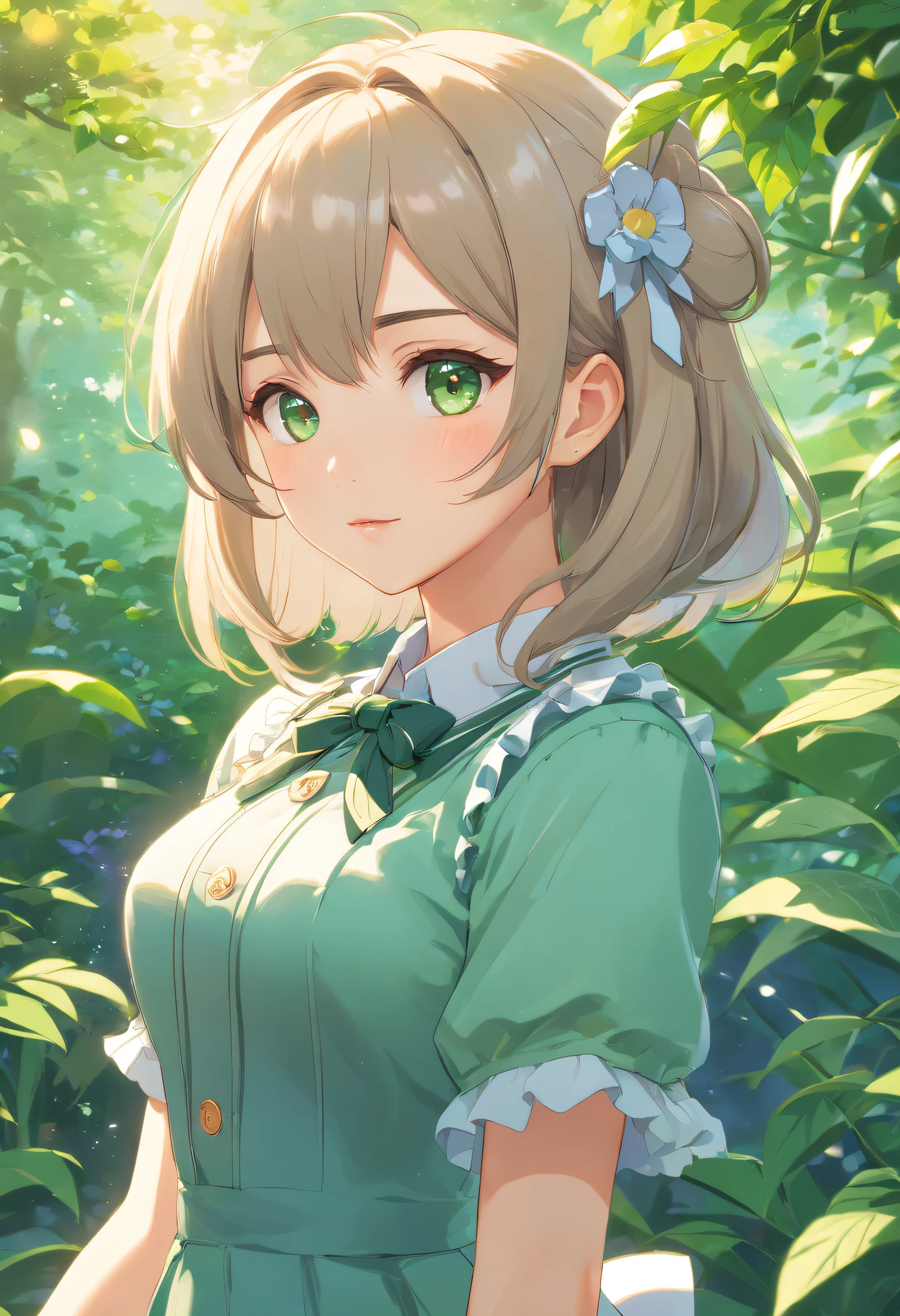 Anime girl in green dress standing in the middle of a forest - SeaArt AI