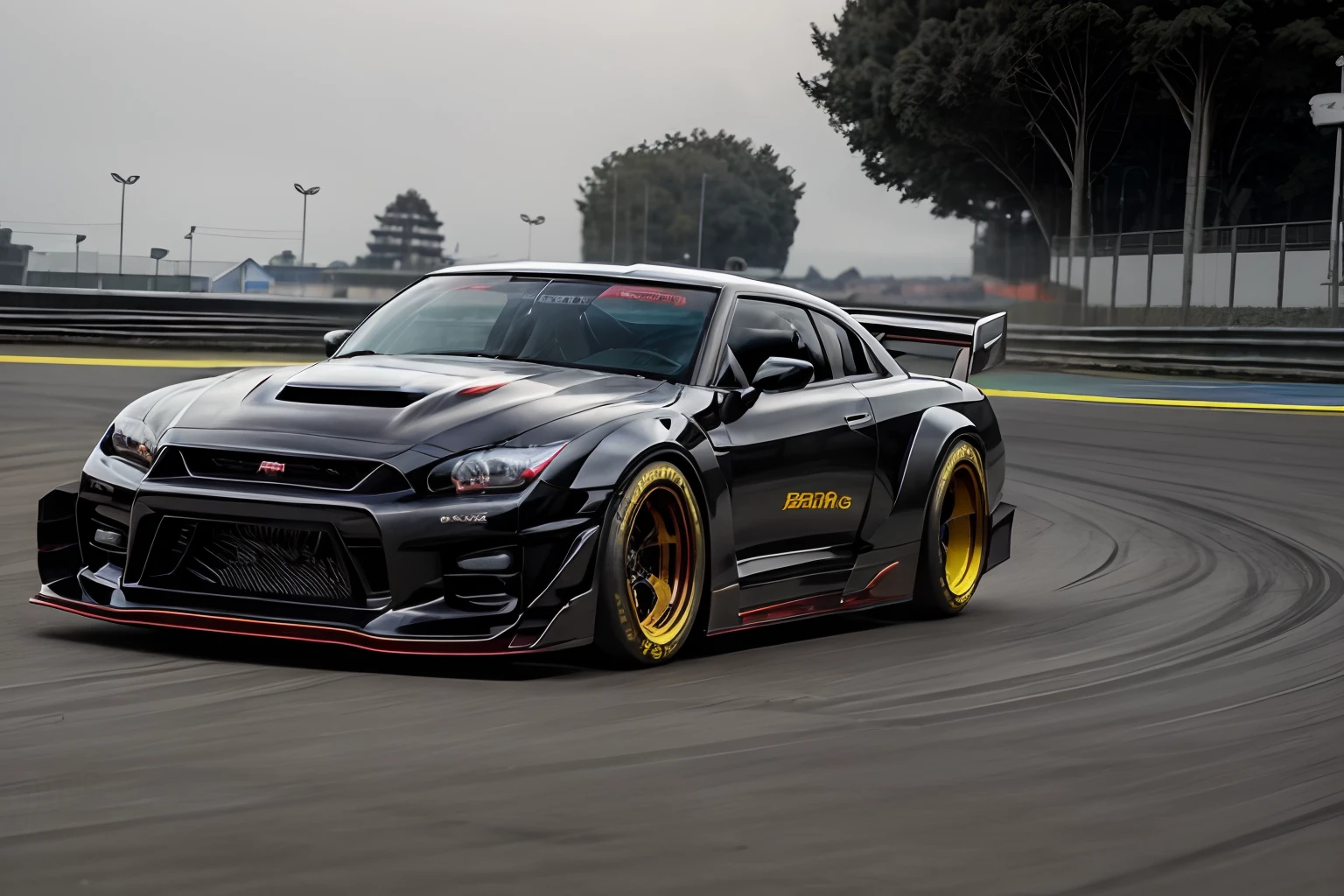 (Black body with red and yellow lines and decals)、(Race Car Specifications)、(Nissan Skyline GTR/R-35)、(Flashy design)、(Hypercar)、Live-action、in detail、(Deep Rim、The disk is also detailed)、Wide tires、Running on the race track、