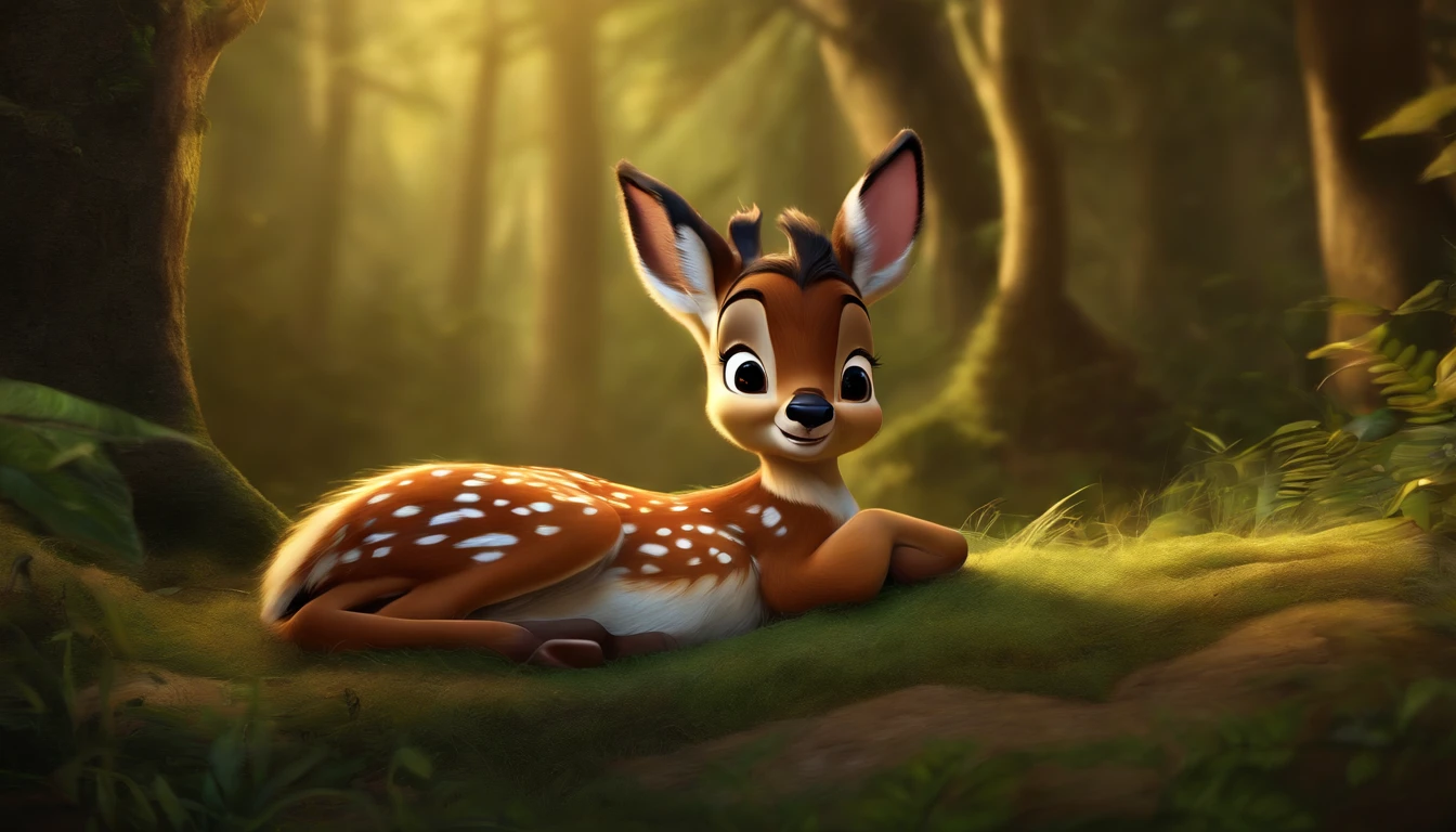 create an image of the character "Bambi" lying, sleeping, forest, old cartoon, disney