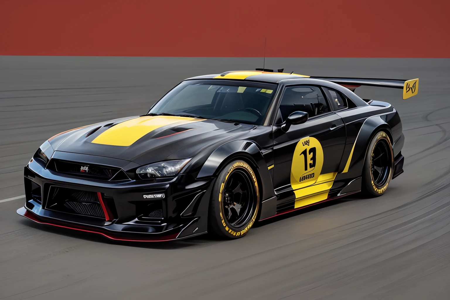 (Black body with red and yellow lines and decals)、(Race Car Specifications)、(Nissan Skyline GTR/R-35)、(Flashy design)、(Hypercar)、Live-action、in detail、(Deep Rim、The disk is also detailed)、Wide tires、Running on the race track、