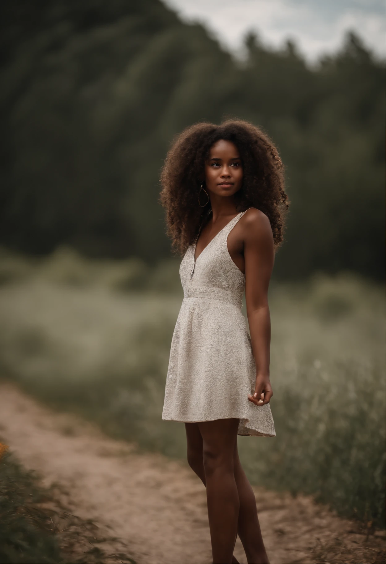 Jeune fille belle, black complexion with brown hair small nose curly hair dimples beautiful silouhette and well stylish. Taille avec des hanche porte une robe moulante blanche et des talons toir