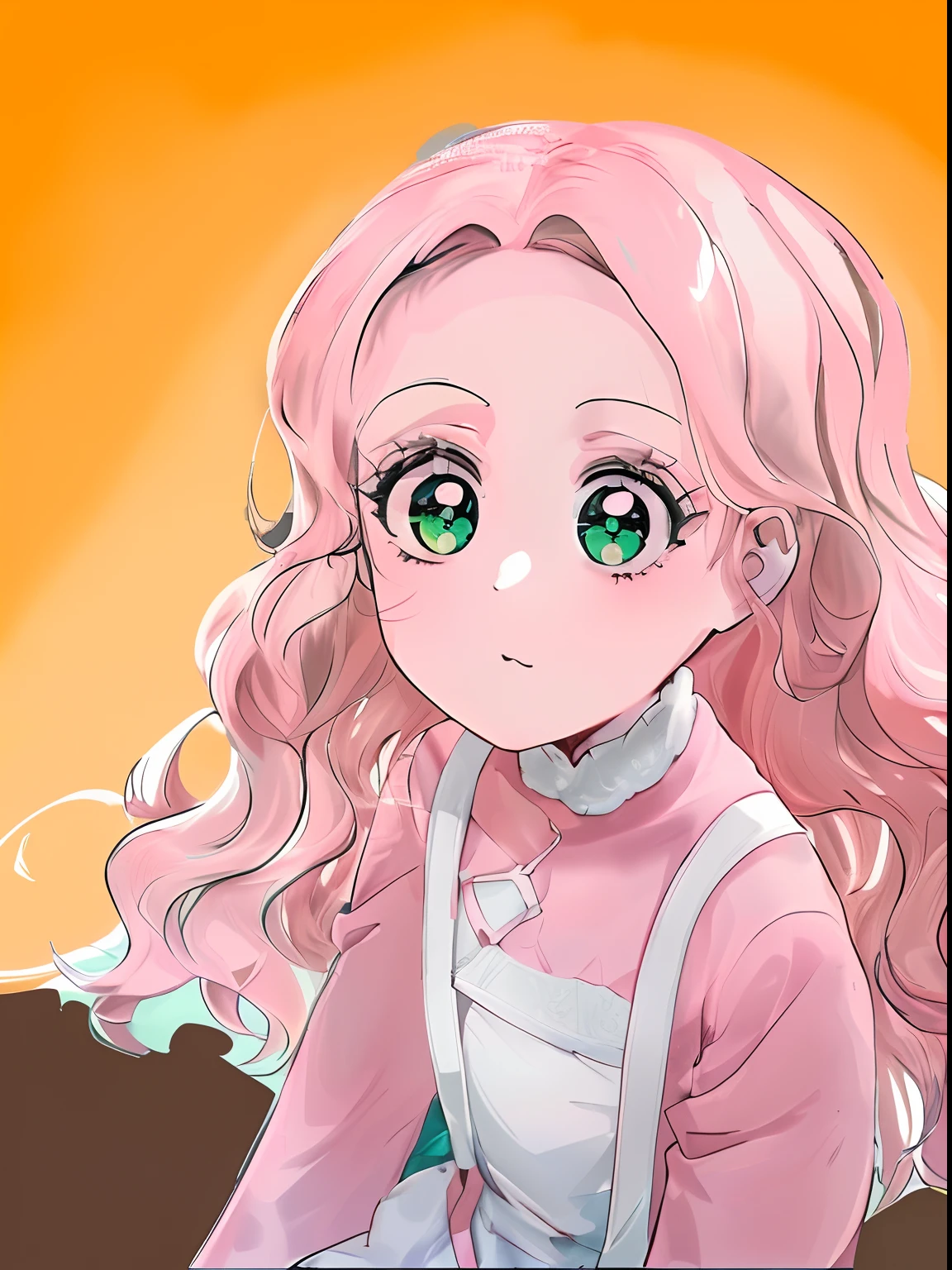 anime com cabelo rosa, meninahos verdes sentada, retrato estilo anime, visual anime de uma menina bonitbreamento estilo anime plano, em estilo anime, kawaii retrato realista, fanart de alta qualidade, menina de cabelo renina de olhos verdes, g sun, menina de cabelo rosa cacheado 8k, sunset background, menina de roupa simples, menina de c rosa, olhos bem verdes