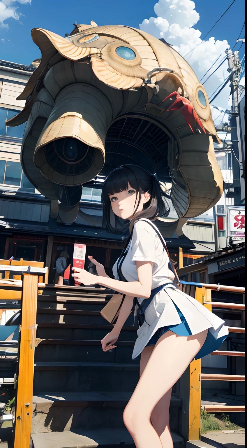 Japanese style, James Jean, Anime, Mysterious Strange Fantastic Sci-Fi Fantasy, Tokyo scenery, City area, Ammonite stairs, Conch elevator, Crab taxi, Miniskirt beautiful voluminous perfect body girl strolling, Pale blue sky, Clouds, hyper detailed, high resolution high definition high quality masterpiece, fine lines, face detailed