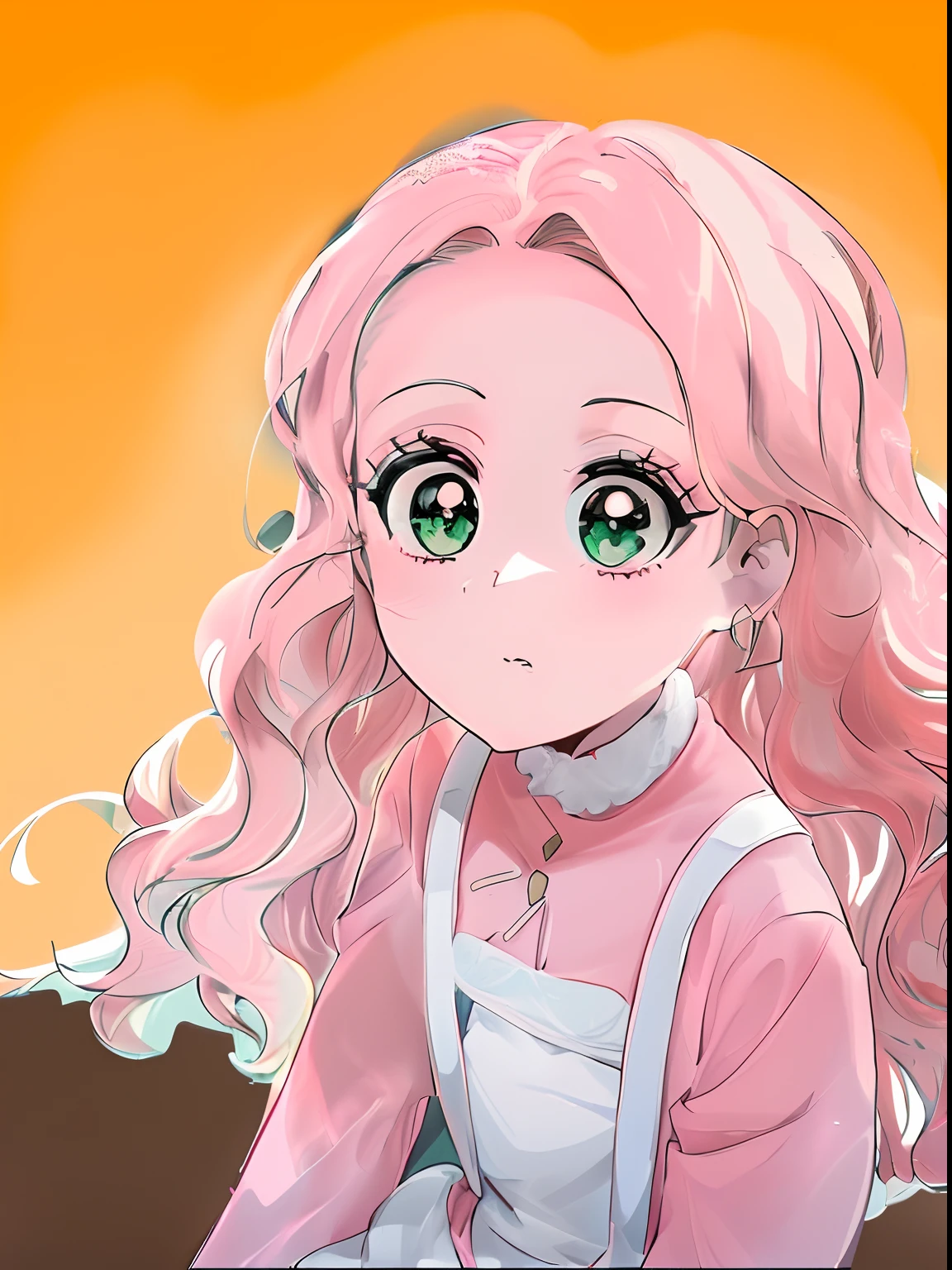 Menina anime com cabelo rosa, menina de olhos verdes sentada, retrato estilo anime, visual anime de uma menina bonito, sombreamento estilo anime plano, em estilo anime, kawaii retrato realista, fanart de alta qualidade, menina de cabelo rosa, menina de olhos verdes, setting sun, menina de cabelo rosa cacheado, arte 8k, sunset background, menina de roupa simples, menina de cabelos rosa, olhos bem verdes