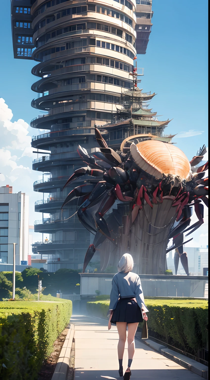 Japanese style, James Jean, Anime, Mysterious Strange Fantastic Sci-Fi Fantasy, Tokyo scenery, City area, Ammonite stairs, Conch elevator, Crab taxi, Miniskirt beautiful voluminous perfect body girl strolling, Pale blue sky, Clouds, hyper detailed, high resolution high definition high quality masterpiece, fine lines, face detailed