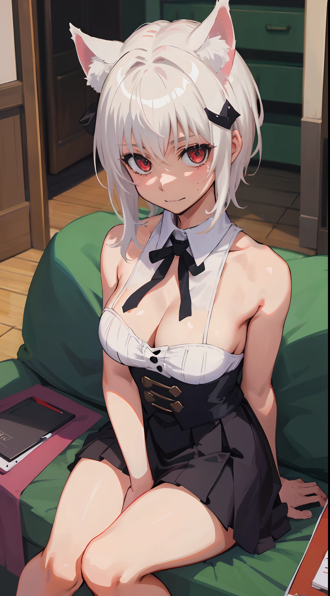 Best Quality, (Masterpiece:1.2), High Detailed, Standing, School, Indoor, Cat Ears, 1girl, solo, tojo koneko, looking at the viewer, closed mouth, light smile, red eyes, white hair, short hair, hair decoration, cleavage, black neckband, erotica, sleeveless, (whole body, close-up), bare legs, ((bloody,  evil)), healthy skin, ((seated))
