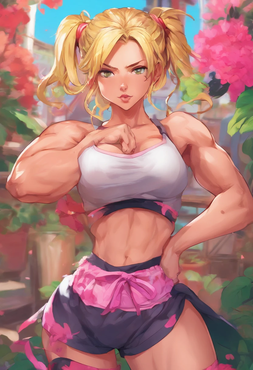 (NSFW:1.5)(beautiful muscular girl,blonde:pigtail,commands attention,topquality,),thigh high socks,pink skirt with ruffles,Gym Top,fashionable,bright colours,expressive face,dynamicpose,in the garden,floral background,soft natural lighting,realistic style,Happy expression,Confident stance,Eye-catching appearance,Strong legs,elasticity and volume of hair,High-resolution image,Vivid colors,Perfectly styled hair,Toned and athletic body,energetic vibe,Lively