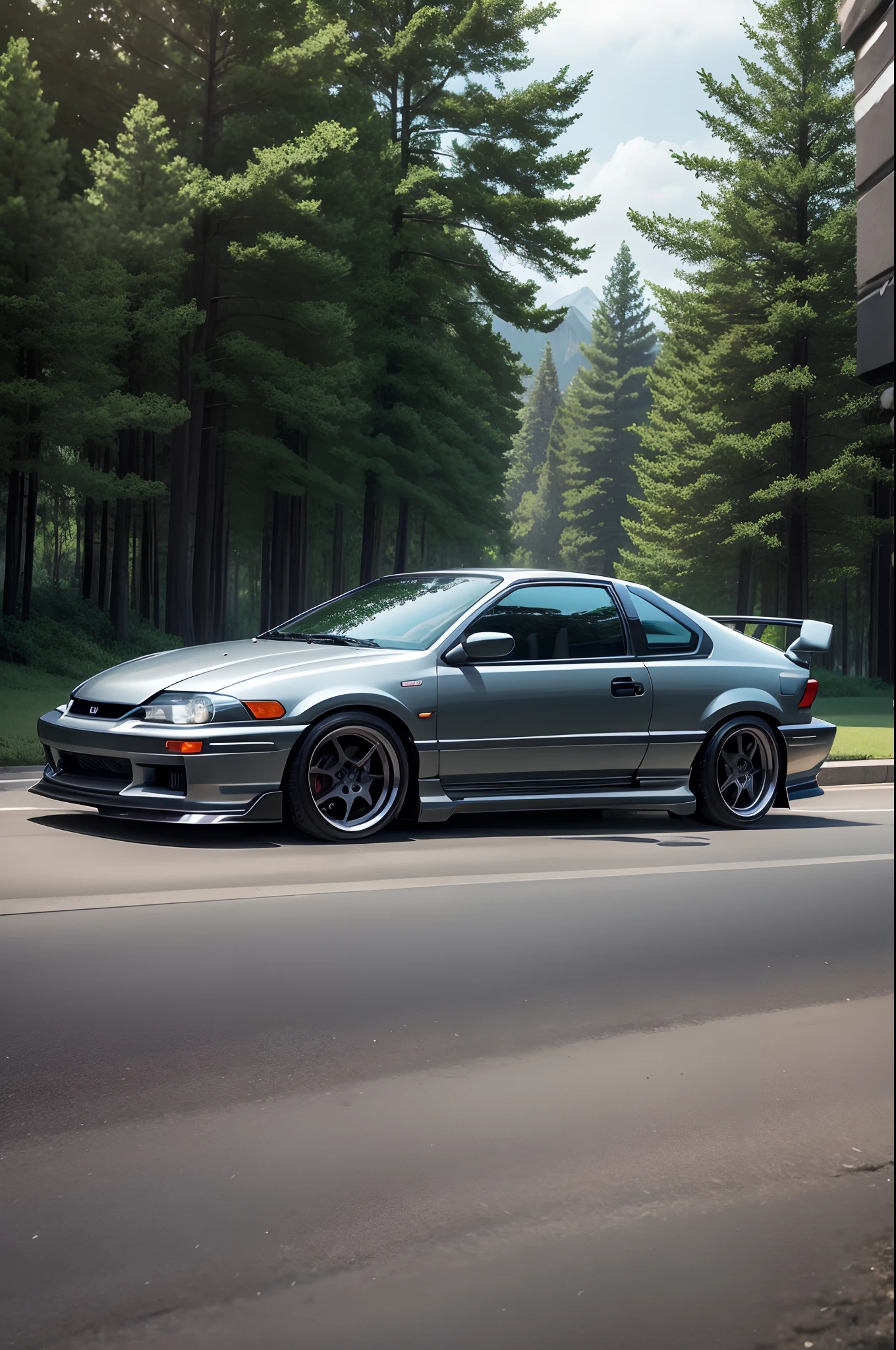 Honda Civic silver colored Coupe late 2000s with black hood, wing, black rims, front side, trees in the background, side view