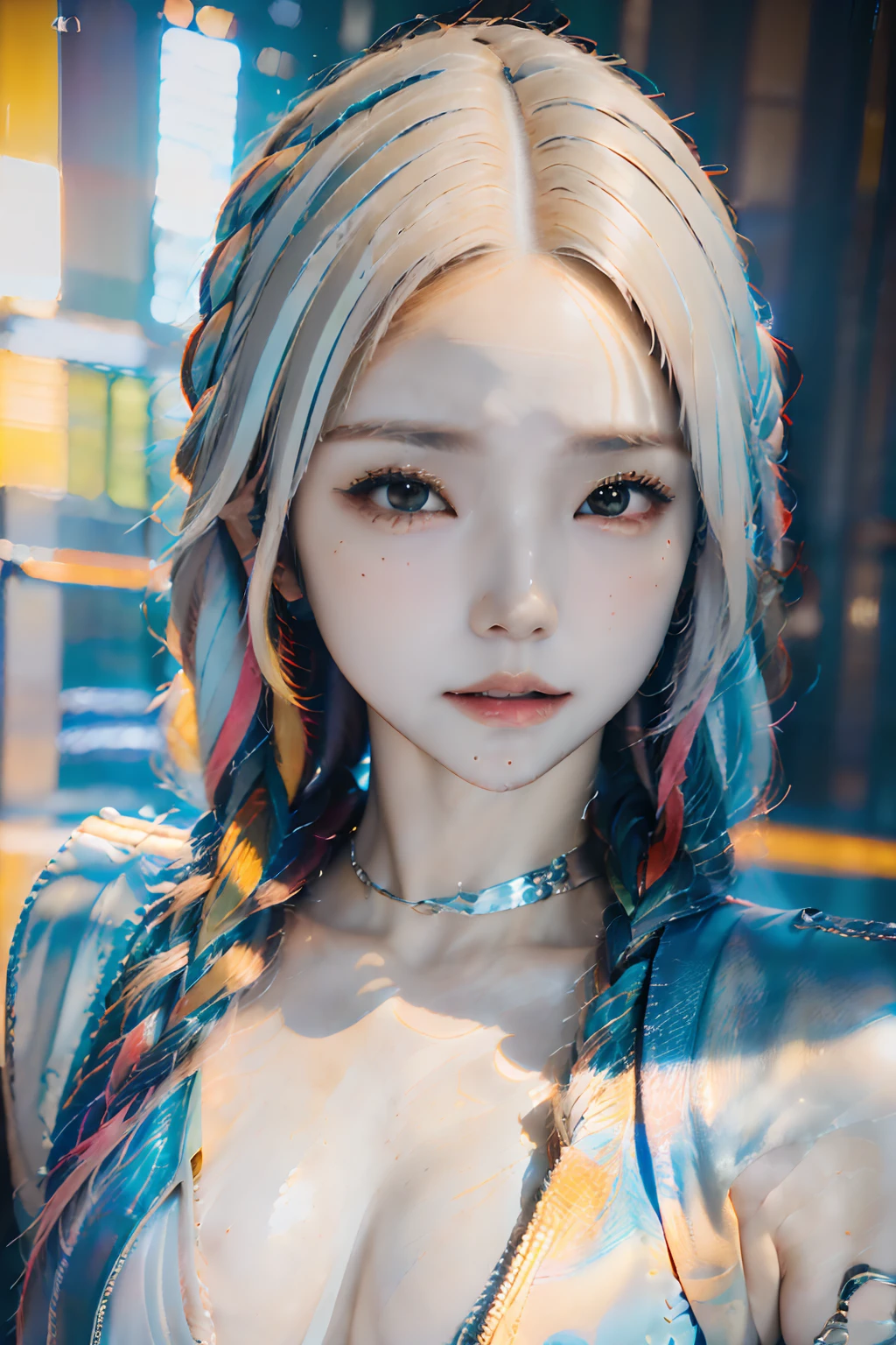 (((top-quality、masuter piece、Supergianthugebreasts((of the highest quality, 8K, masutepiece:1.3)), 1 girl, (small tits:1.3), Realistic, High resolution, ((Highly detailed face and skin texture)), ((Lifelike face)), Perfect body proportions, ((Smooth skin, flawless skin, Whitening skin, Shiny skin)), ((Ultra-detailed face)), Double eyelids, Eye of Detail, Professional Lighting, Cinematic lighting, ((Main color white and colorful hair)), Braid hair, ((Very long hair)),Cyberpunk style, Leather clothing, Accessories, Jewelry, The background doesn't end there、8k)))、独奏、Kawaii Girl