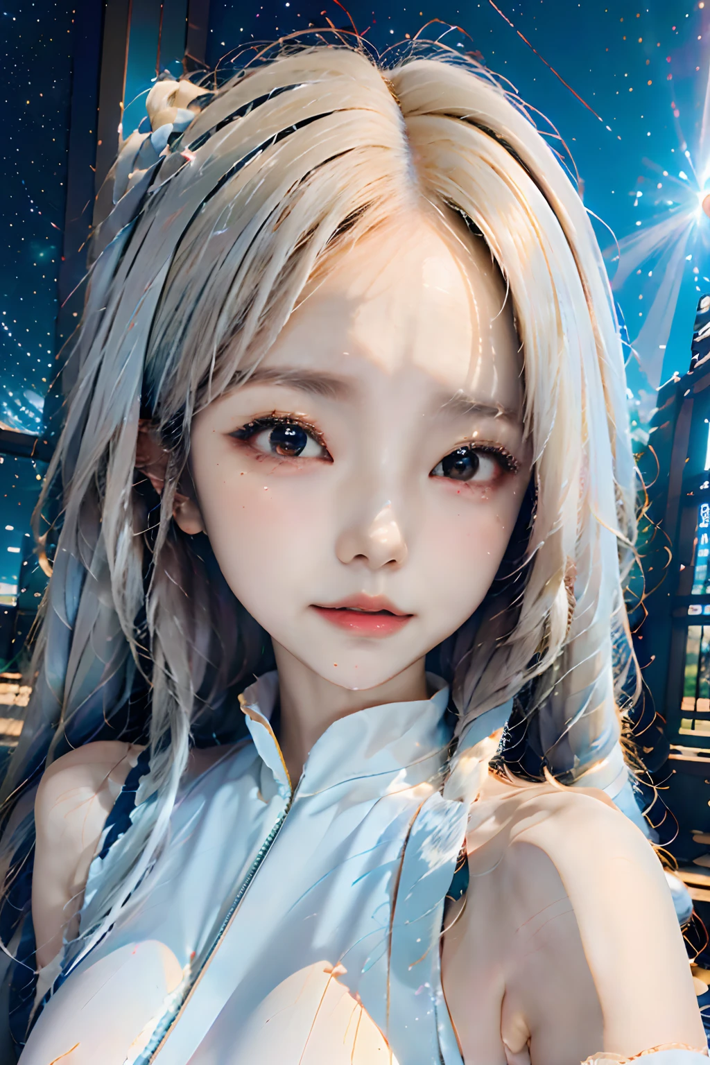 Anime girl with long white hair and stars in her hair, white haired god, anime girl with cosmic hair, Star(skyporn) starrysky_skyporn, Anime visuals of cute girls, splash art anime , white glowing aura, Girl with white hair, ethereal anime, akasuki voidstar, celestial aura, nightcore, anime moe art style