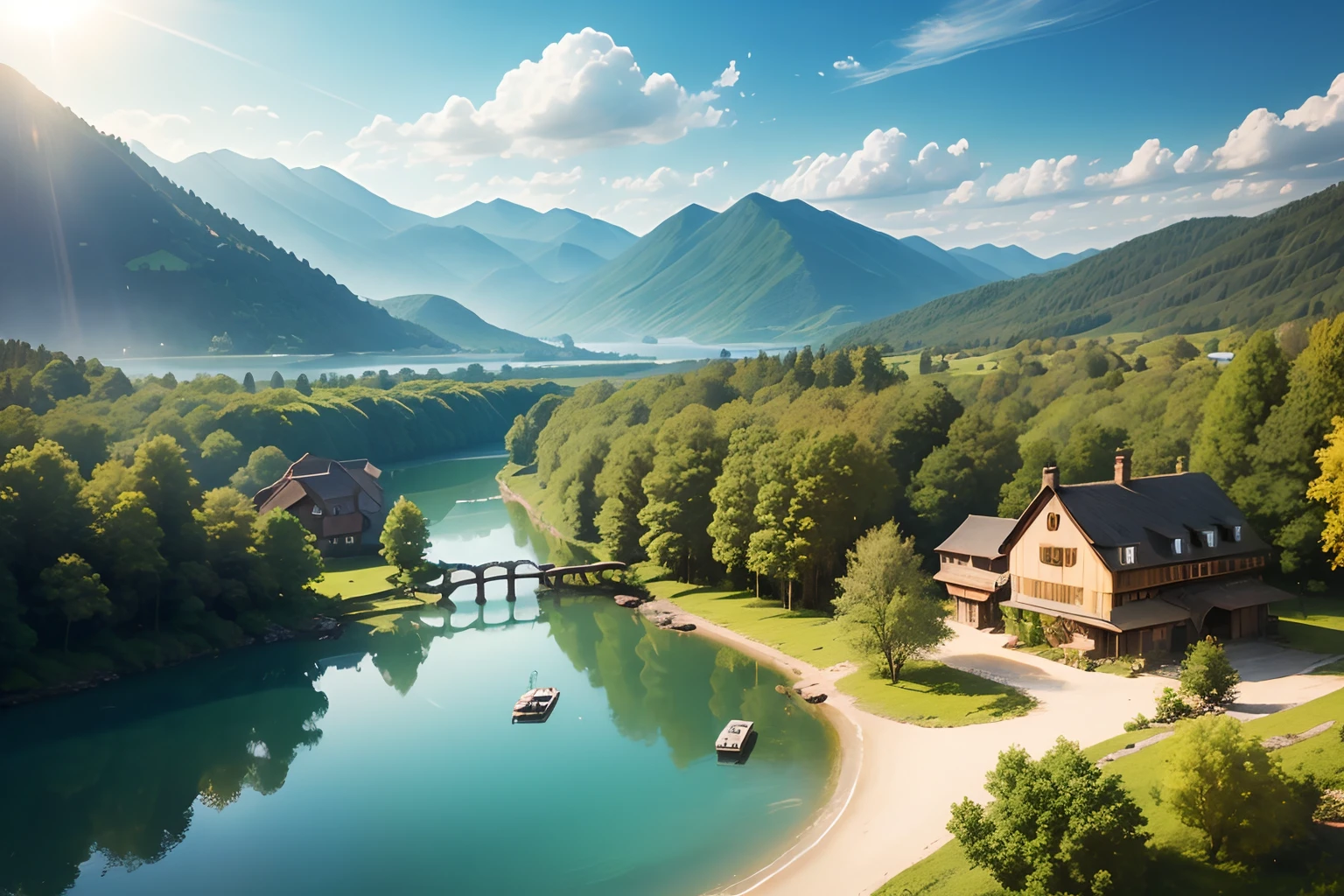 sunny old village in the middle of the forest under the sun's rays with a lake in the background