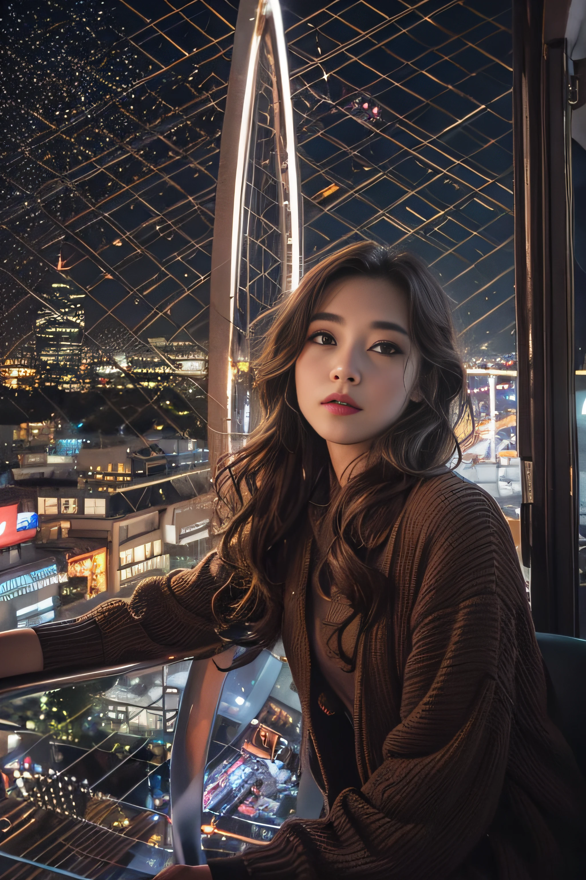 1womanl、Early 20s、(Strong-willed super beautiful woman)、(ultra beautiful faces)、(natta)、Wearing makeup、Wavy brown hair、Sitting in the seat of the Ferris wheel、Night view of the city from the window、Shallow depth of field