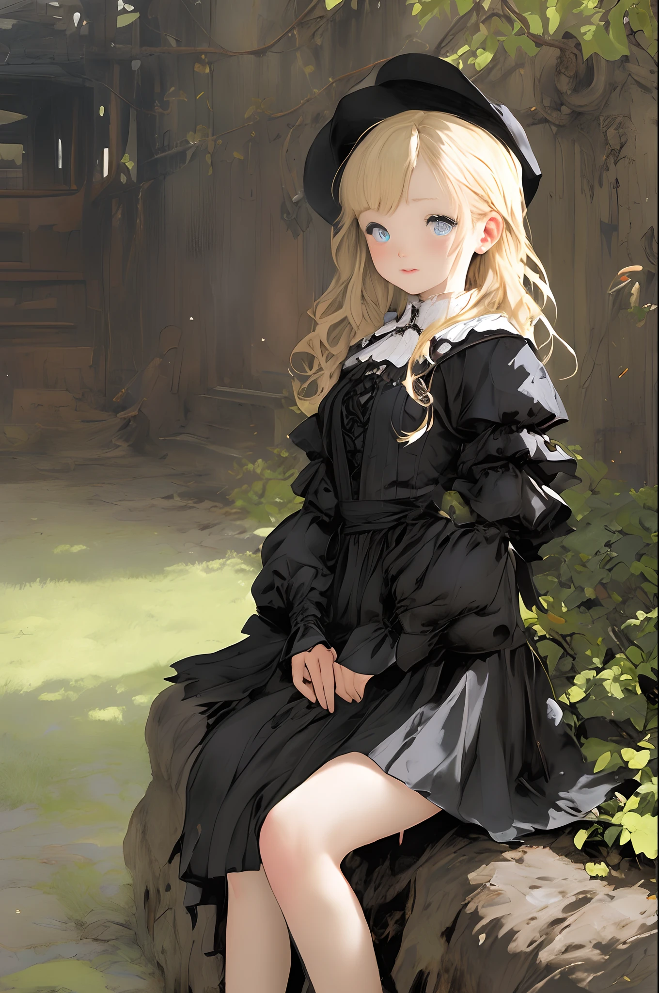 Top image quality、​masterpiece、Thick painting of oil painting、Fantasia、comics、Norman Rockwell's style、One beautiful fair-skinned girl、Fantasia、the eyes are a little small、The iris is blue、Cute little face、a small face、Light makeup、blonde  hair、tiny chest、sitting on、Full body like、Black Gloves、Gothic dress with long sleeves、long  skirt、Old industrial area covered with trees、thirds rule、dynamic ungle