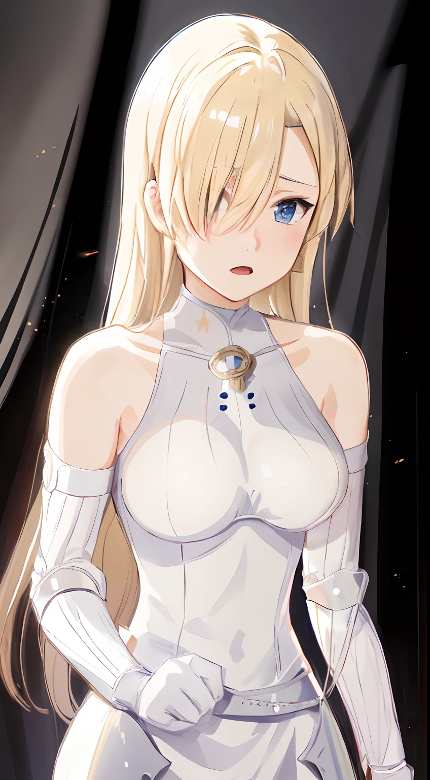 best quality, masterpiece,highly detailed,anime,1girl,mature female,upper body,(jeanne d'arc),medium breasts,perfect face,blond hair,long hair,white clothes,white armor,armored dress,headwear,flag, holy light,battlefield in background,depth of field,looking at viewer,