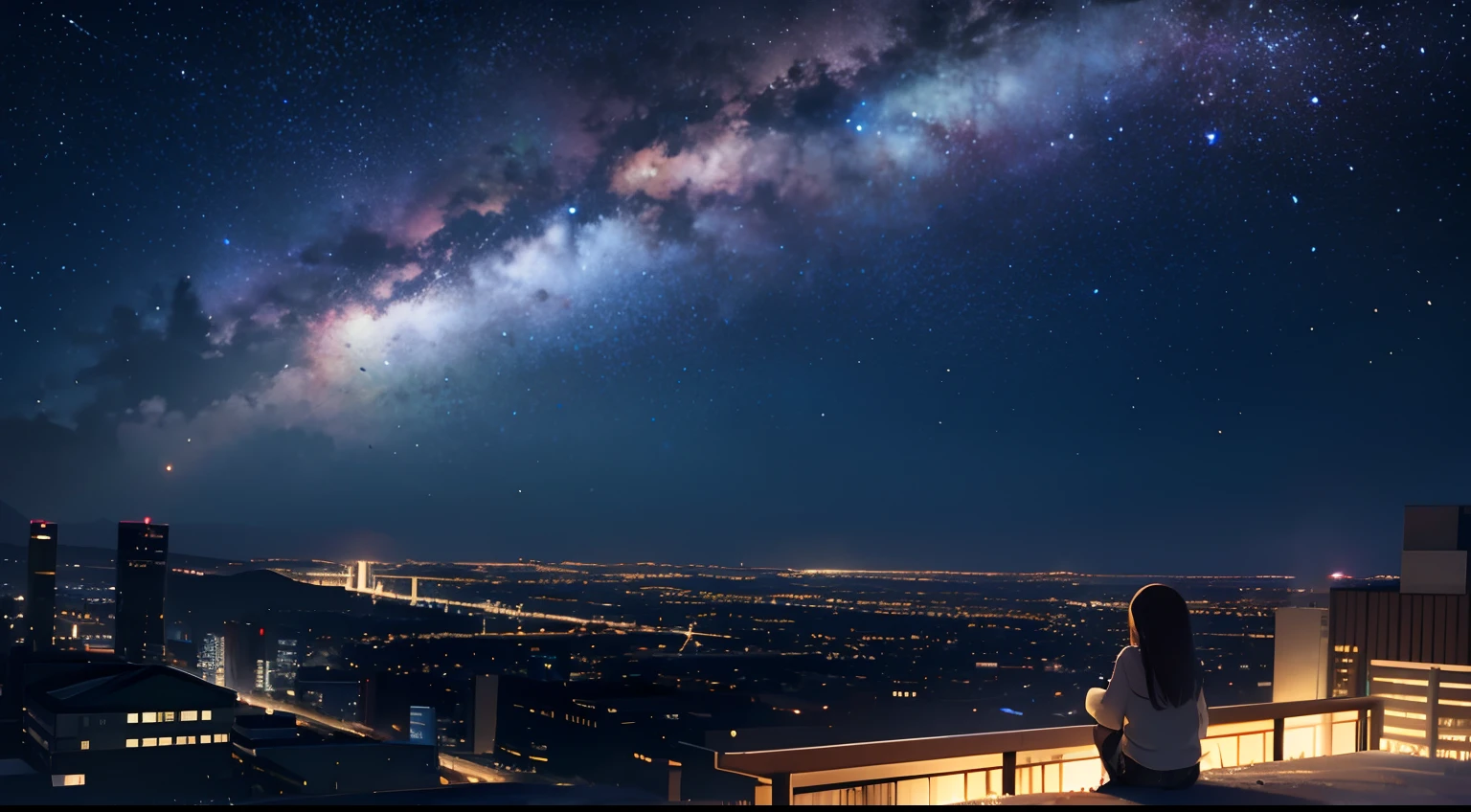 octans, sky, star (sky), scenery, starry sky, night, 1girl, night sky, solo, outdoors, building, cloud, milky way, sitting, tree, long hair, city, silhouette, cityscape