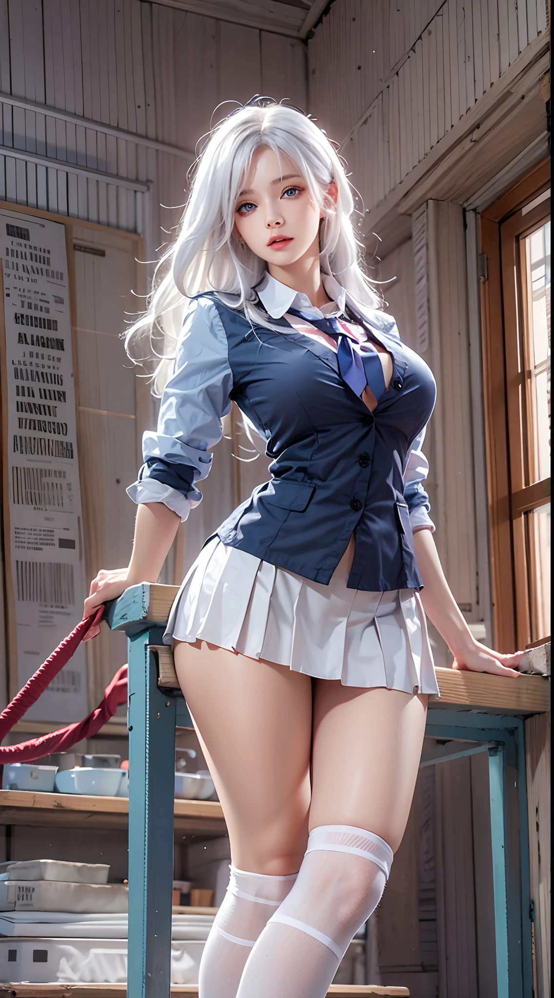 photorealistic, high resolution, soft lights, 1women, mature female, milf, solo, hips up, blue eyes, white hair, long hair, school uniform, shirt, skirt, thigh highs