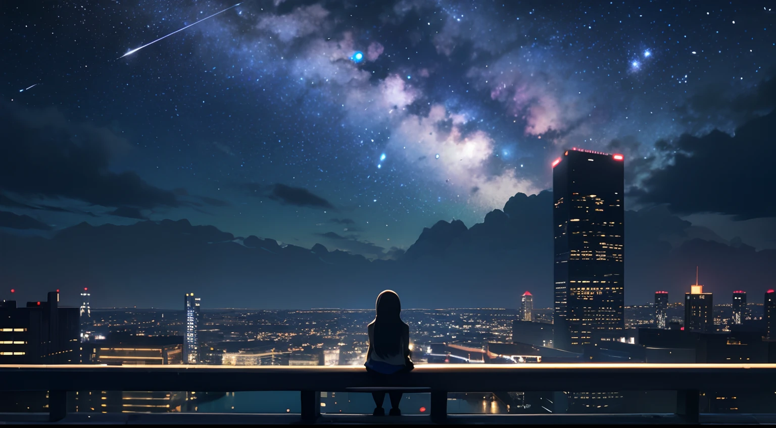octans, sky, star (sky), scenery, starry sky, night, 1girl, night sky, solo, outdoors, building, cloud, milky way, sitting, tree, long hair, city, silhouette, cityscape